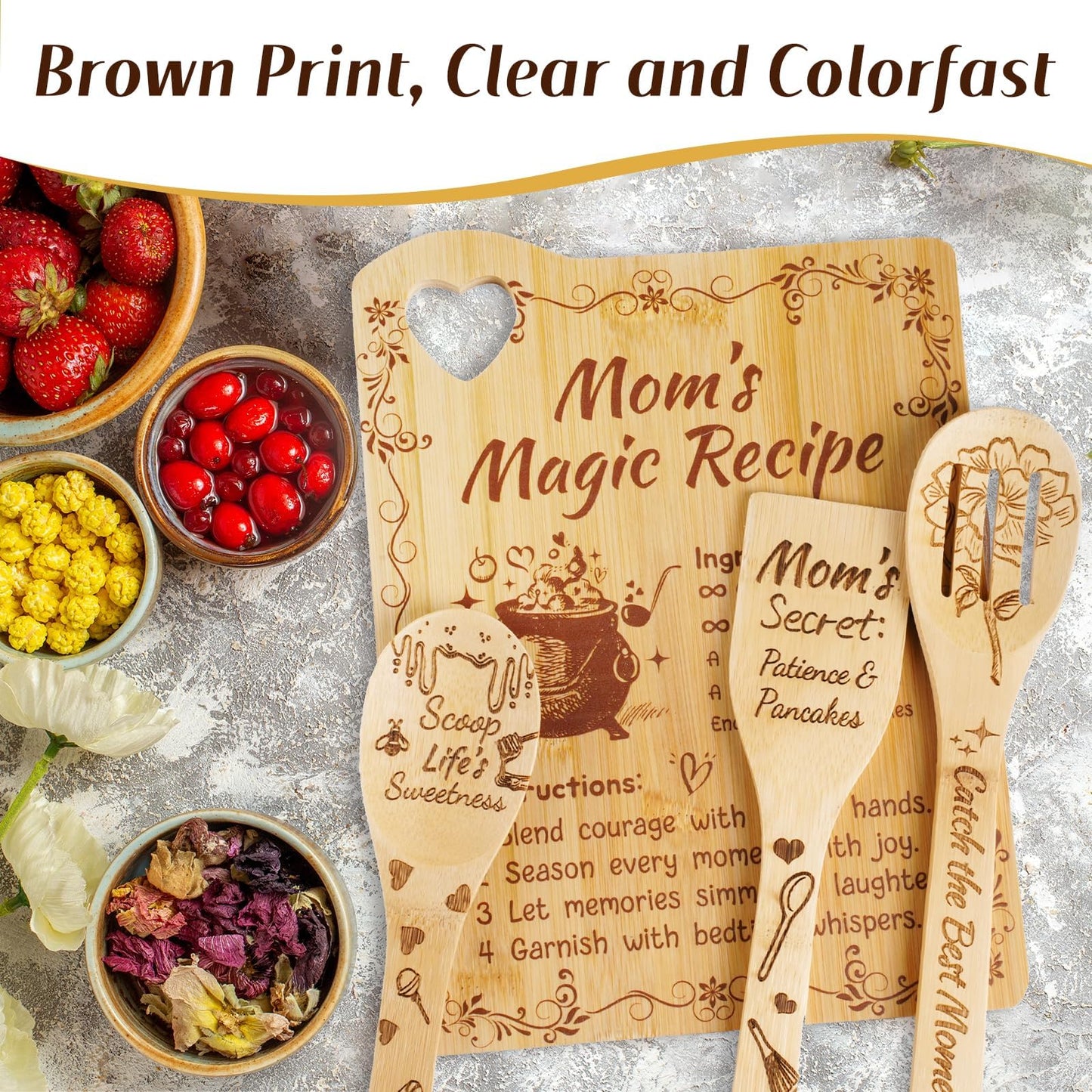 Mothers Day Gifts for Mom - Personalized Engraved Bamboo Cutting Board Set Gifts for Mama from Daughter,Cute Cutting Board Utensil Set Kitchen Decor,Mothers Day Kitchen Gadgets,Birthday Gift for Women