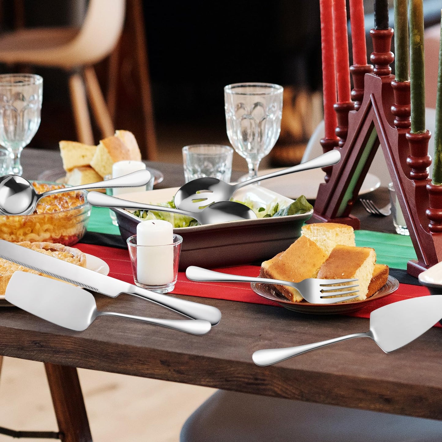 A · HOUSEWARE Serving Utensils 7 Pieces Stainless Steel Flatware include Cake Knife Server Large Spoon Spatula Big Fork Pefect For Festival Parties Buffet Catering Silverware