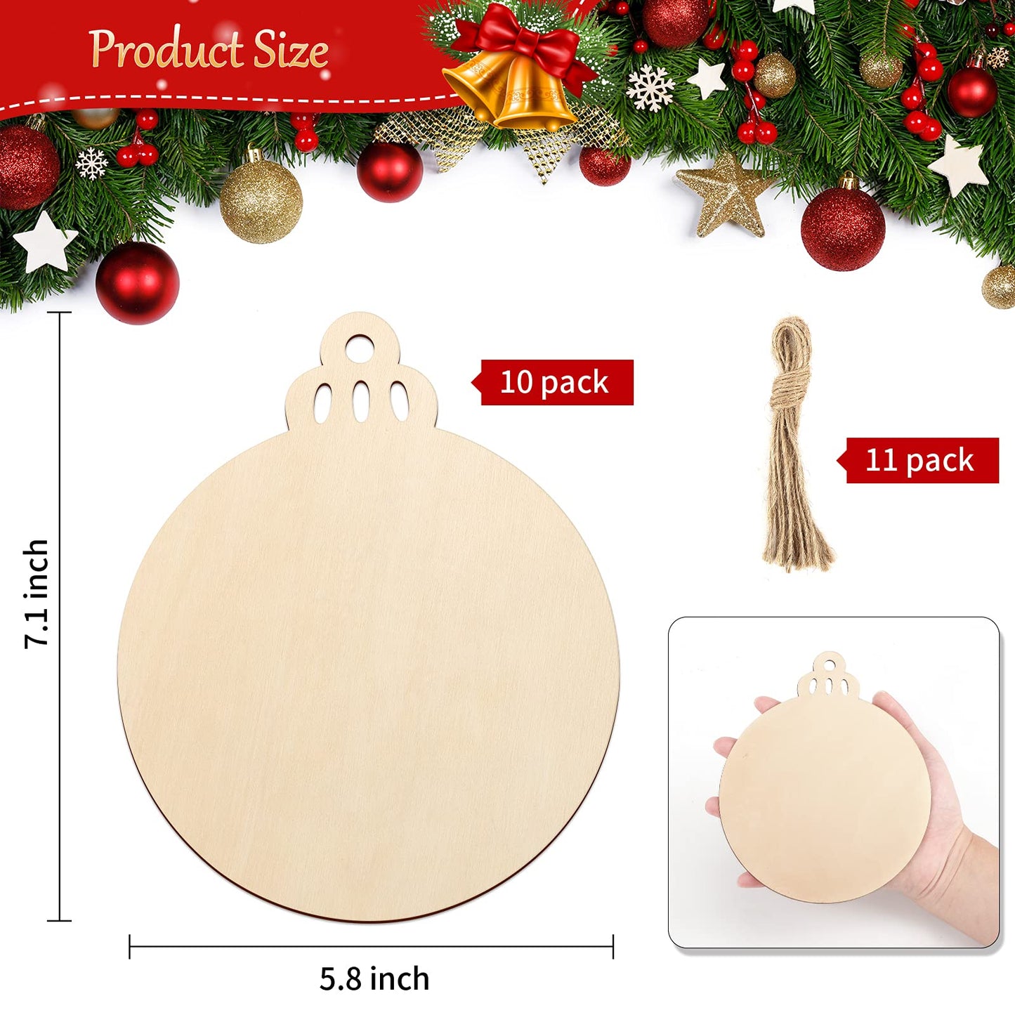 Large Size 7" Wooden Christmas Ornaments to Paint, DIY Blank Unfinished Round Wood Discs Ornament for Crafts Hanging Decorations(10PCS)