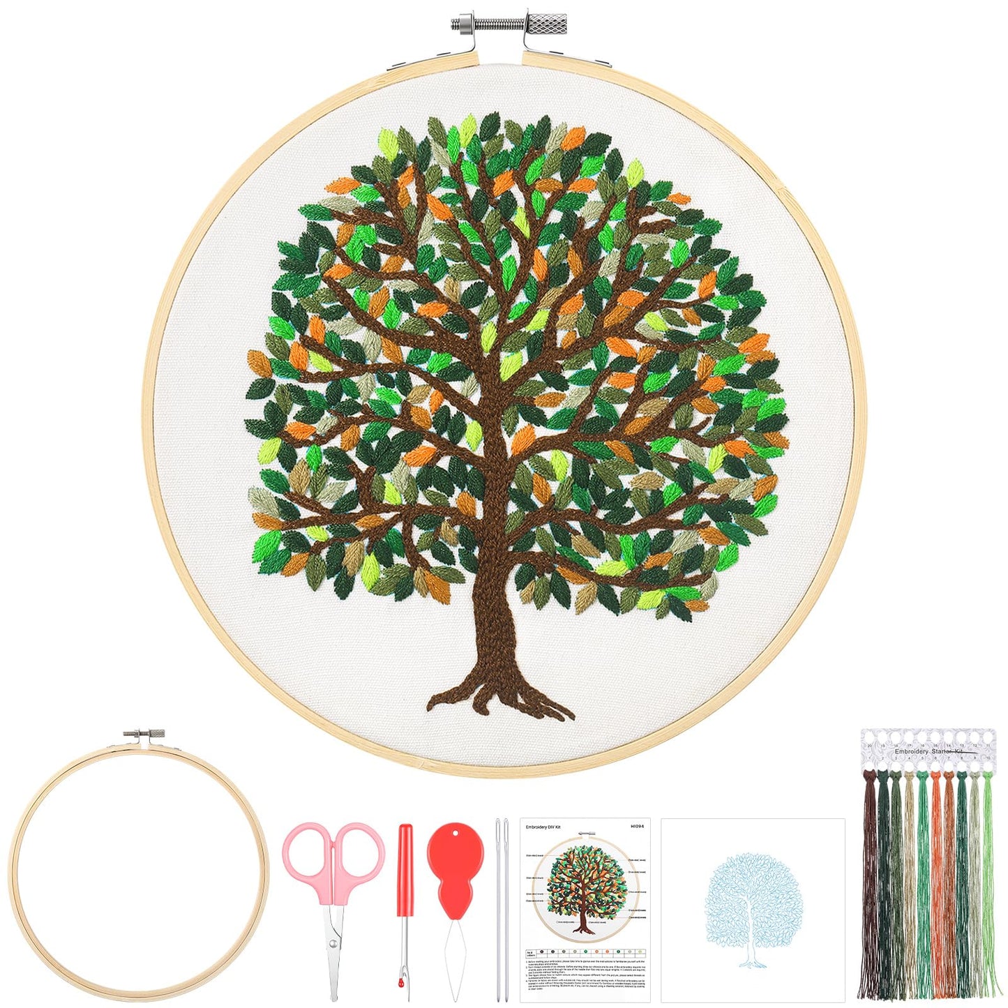 Norme Leaves Embroidery Kit for Beginners Adults 365 Leaves Tree Pre Stamped Pattern Cross Stitch Kits with 7.8 Inch Embroidery Hoop, Threads, Needles, Tools and Stitch Guide for DIY Craft Gift
