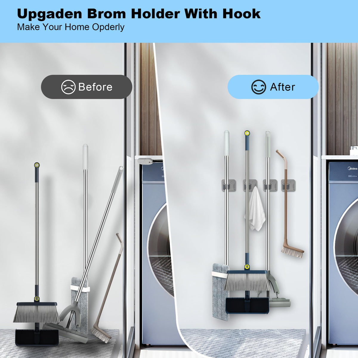 4 Pack Stainless Steel Mop and Broom Holder Wall Mount with Hook (4 Count)