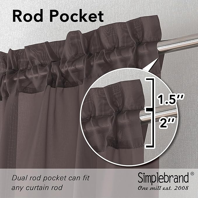 Simplebrand Chocolate Sheer Curtains 63 Inch Length 2 Panels, Rod Pocket Solid Color Window Sheer Curtain Panels, Elegant Curtains & Drapes for Living Room, Bedroom 2 Panels (42" W x 63" L)