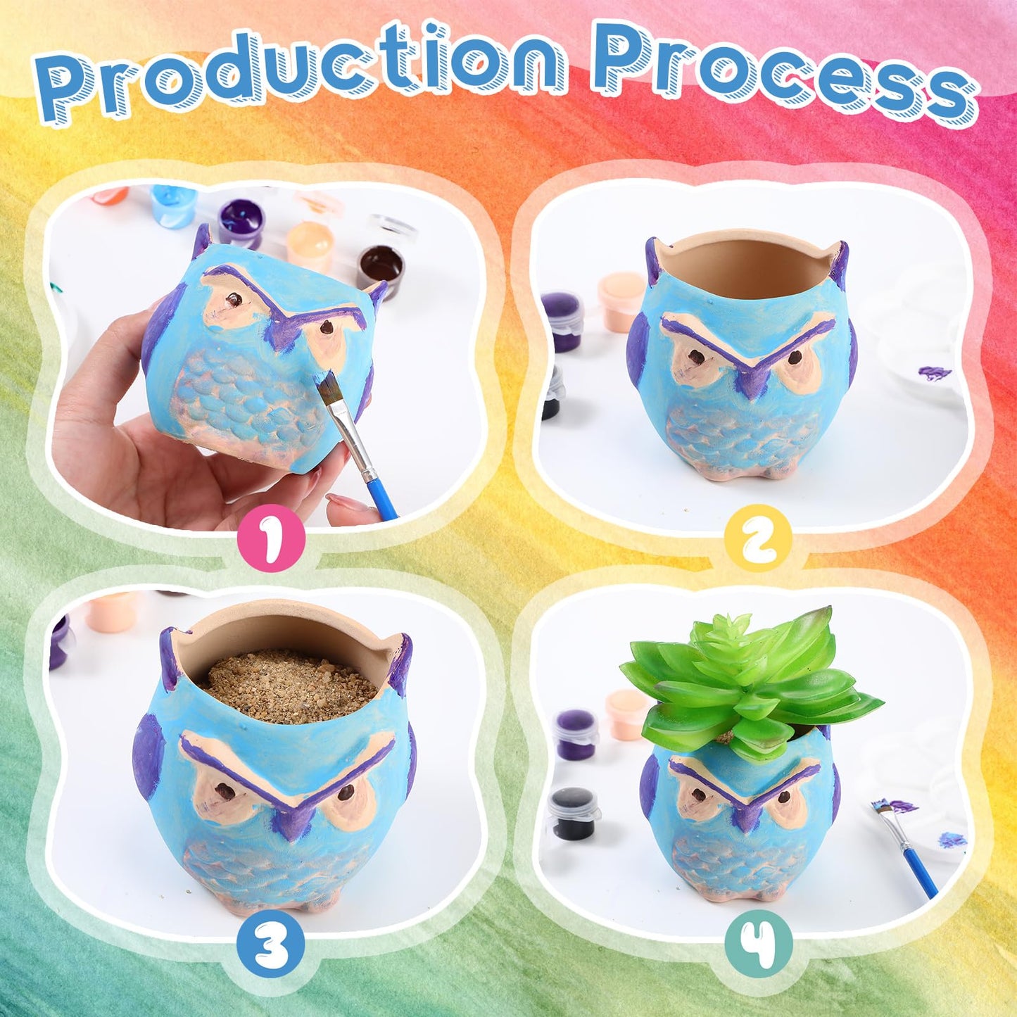 Dandat 12 Pcs Bisque DIY Ceramic Owl Succulent Pots Paint Your Own Ceramic Succulent Planters with 2 Set Paints Paintable Owl Ceramic Flowerpots with Drainage Hole for School Classroom Kids Craft
