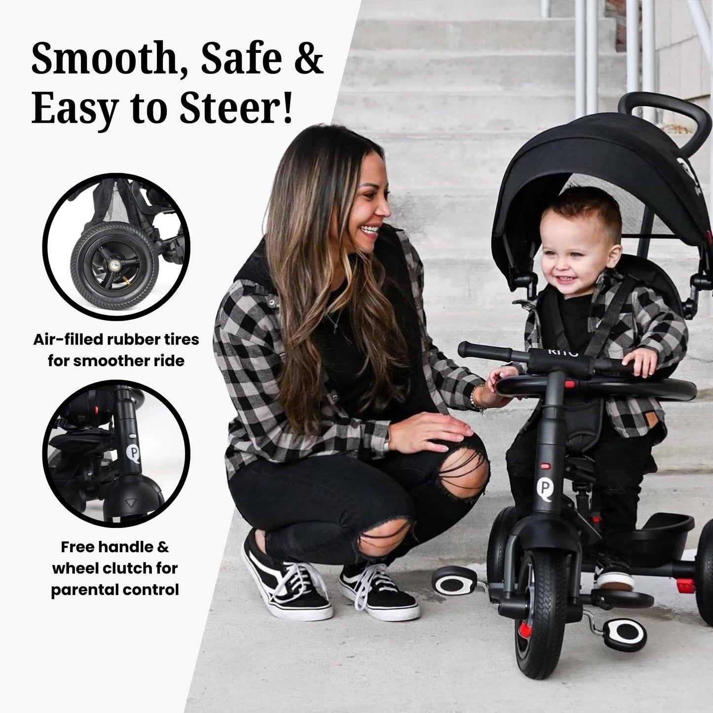 QPlay Rito - Premium Luxury Foldable Trike for Toddlers Featuring Leather touchpoints, Toddler Tricycle Stroller, Push & Fold Tricycle for Ages 12 Months to 5 Years, Midnight Edition
