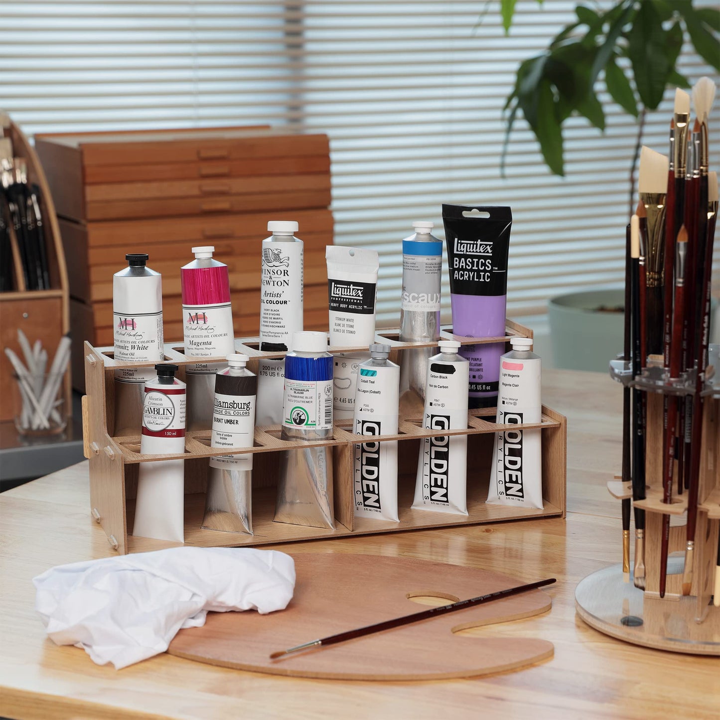 Mezzo Artist Paint and Brush Rack - Wood Grain Laminate Multi Layer Desk Stand Professional Storage Display Organizer for paintbrushes and Paint Tubes - Large Paint Tube Rack