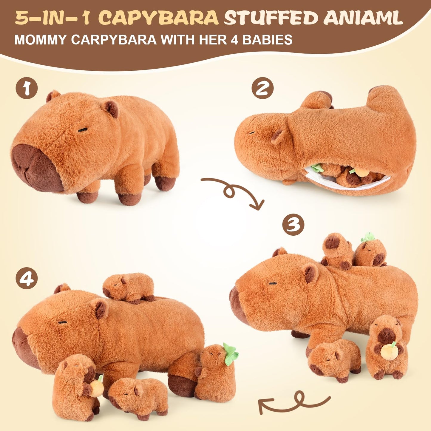 SuzziPals Giant Capybara Plush 30", Jumbo Soft Capybara Stuffed Animal, Giant Plush Toys Hugging Pillow and 5-in-1 Capybara Stuffed Animals with Babies Inside, 5PC Set Capybara