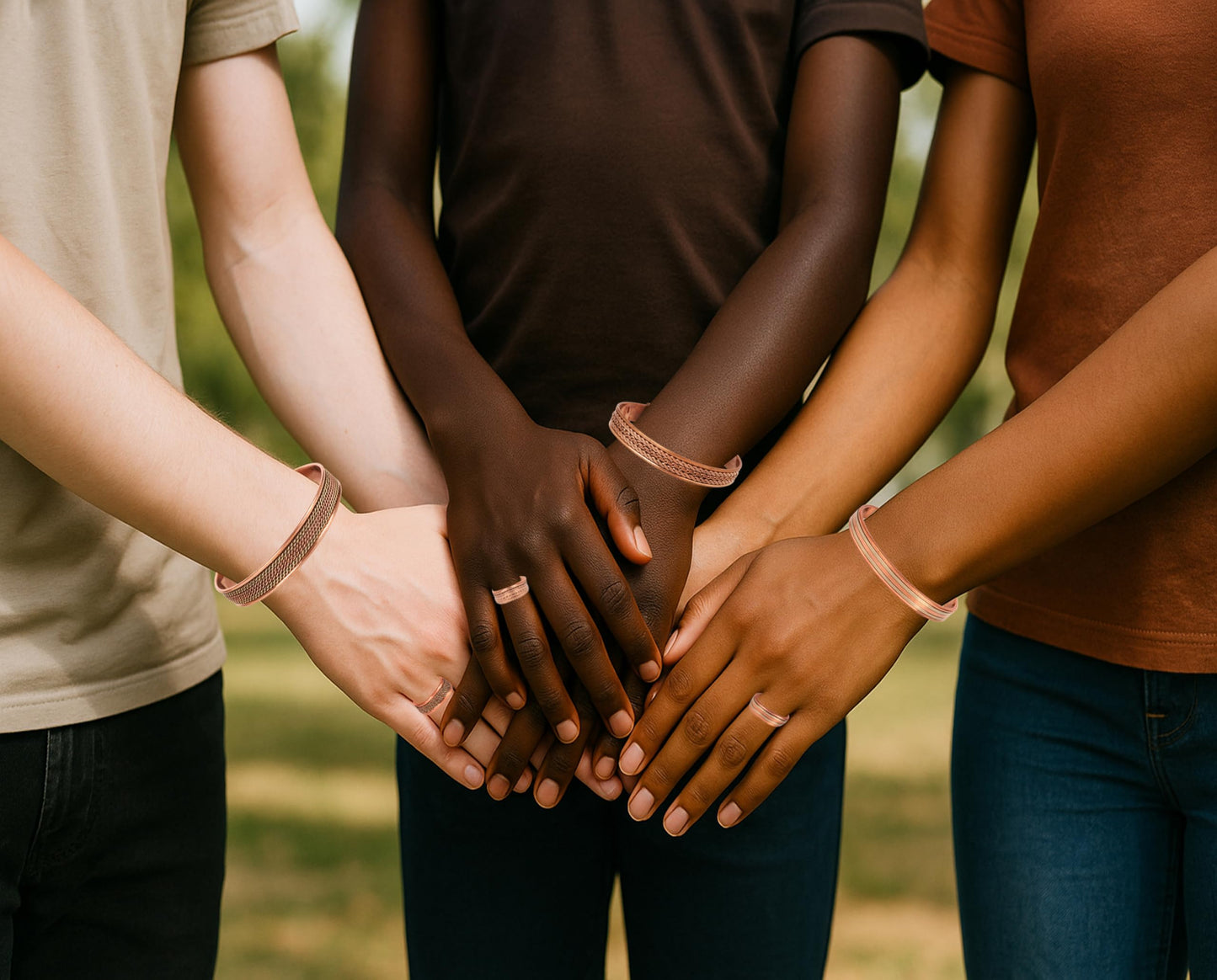 Touchstone Handcrafted Copper Magnetic Hand Forged With Solid And High Gauge Spiral Wire Braided Minimalistic 3 Bracelets And Matching Finger Combo In Two Tones For All.
