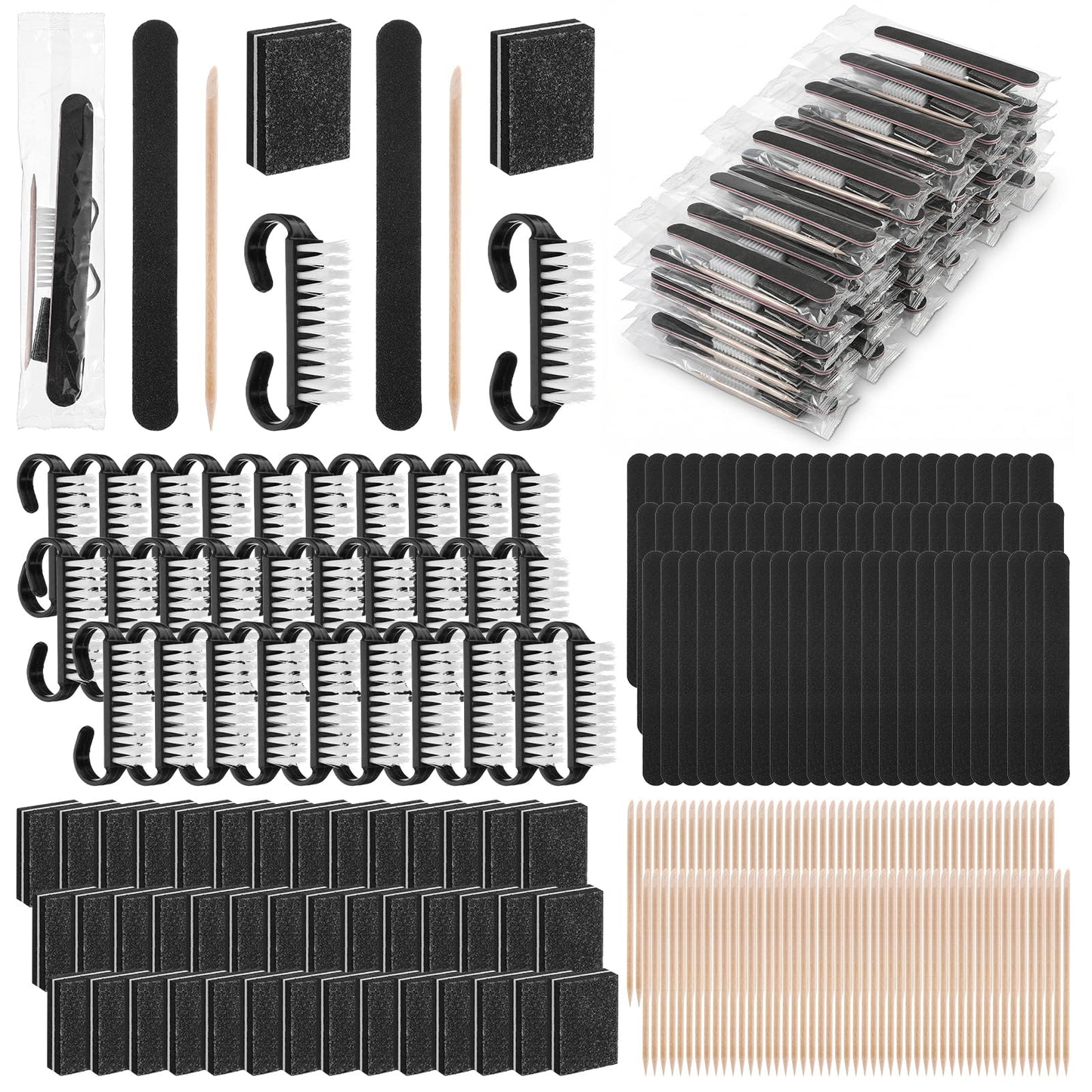 100 Sets Black Disposable Manicure Kit 4-in-1 Nail Kit for Business, Handle Grip Brush, Mini Nail Buffer Nails File and Wood Stick for Gifts Salon Professional