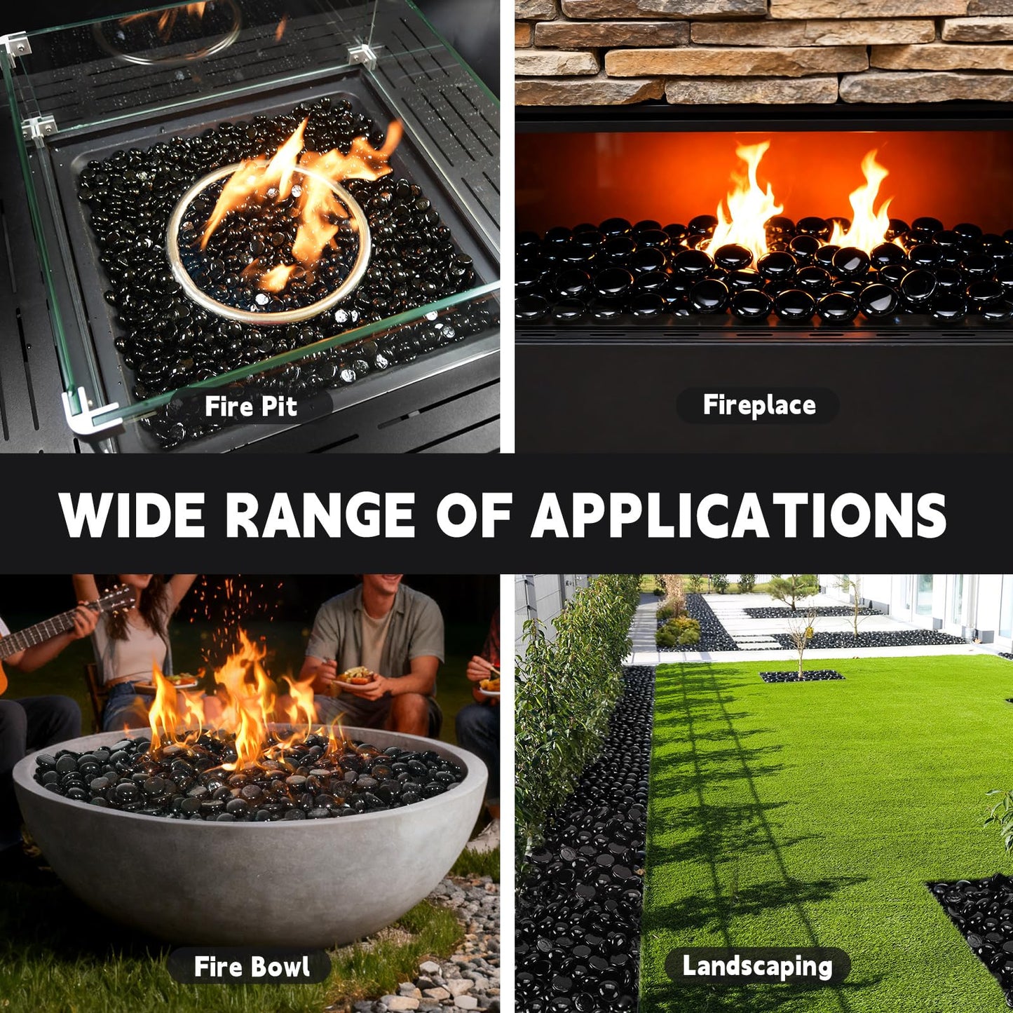 vchin 3/4 Inch Fire Glass Beads,10 Pounds Fire Pit Glass Beads High Luster for Gas Fireplace, Fire Pit Table,Landscaping (Onyx Black Luster)
