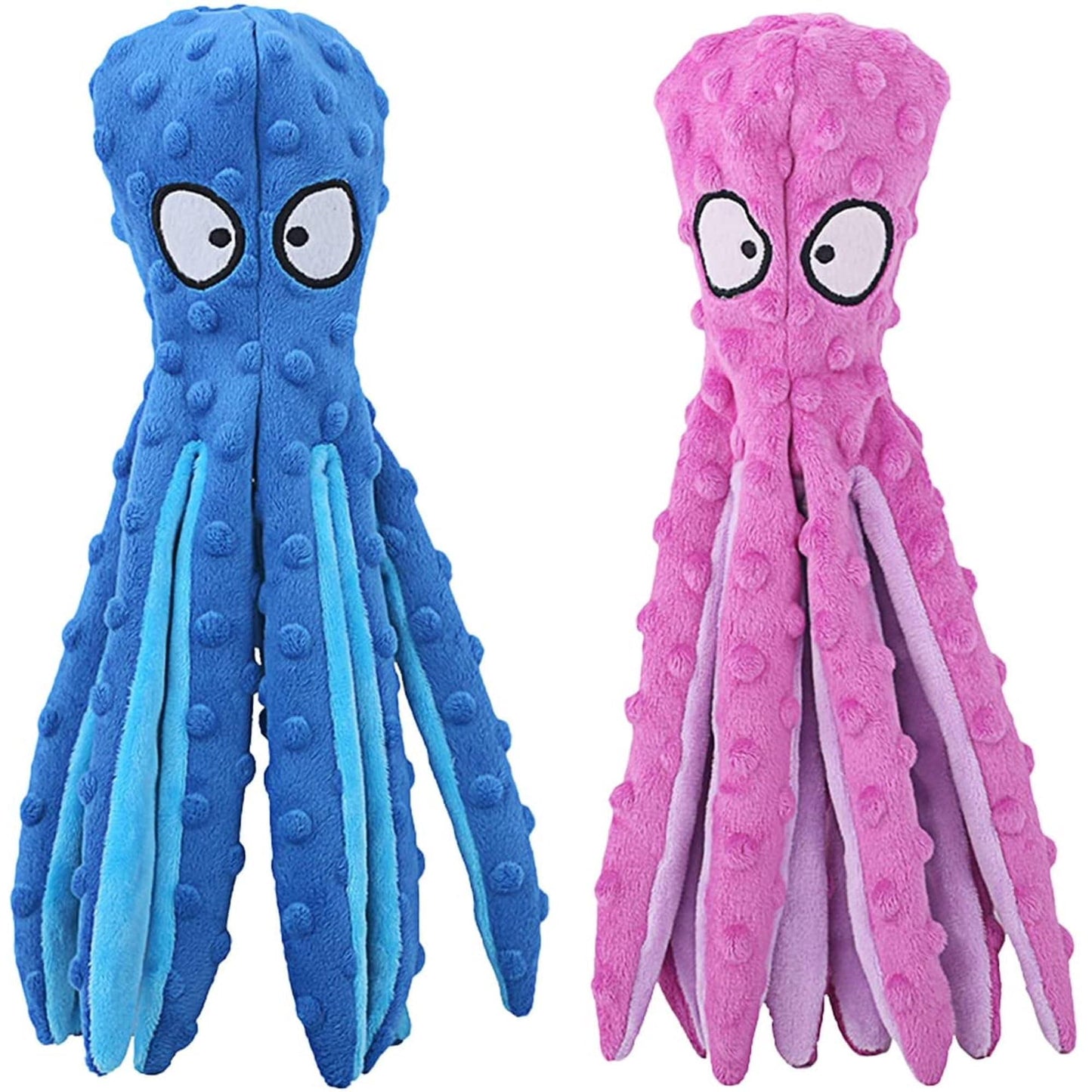 AdoPet Squeaky Octopus Dog Toy – No Stuffing, Crinkle Sound Plush Chew Toy for Small and Medium Dogs – Durable and Machine Washable – 2 Pack (Blue & Pink)