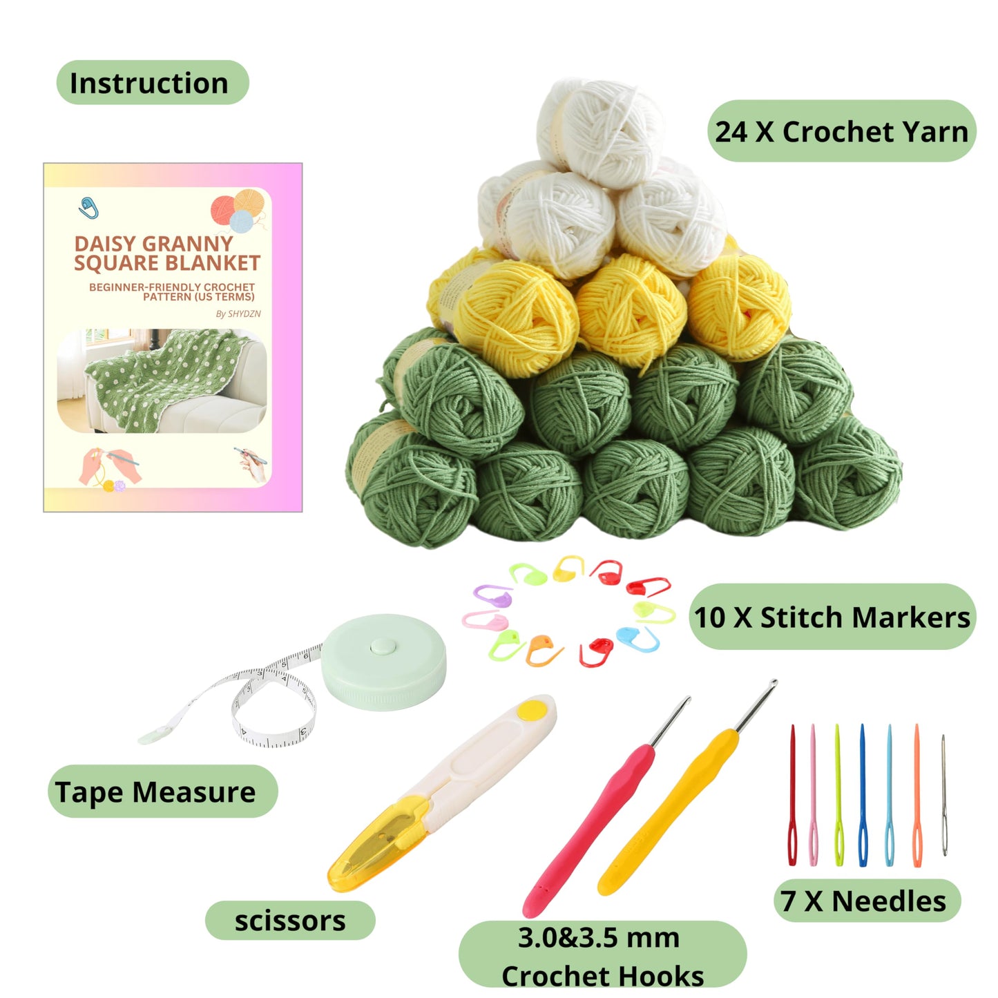 CSWCS Crochet Blanket Kit for Beginners, Daisy Granny Square Throw Kit for Adults, Easy Learn How to Knitting with Yarn & Hook, Complete Starter Set with Step-by-Step Instructions (39" x 31")