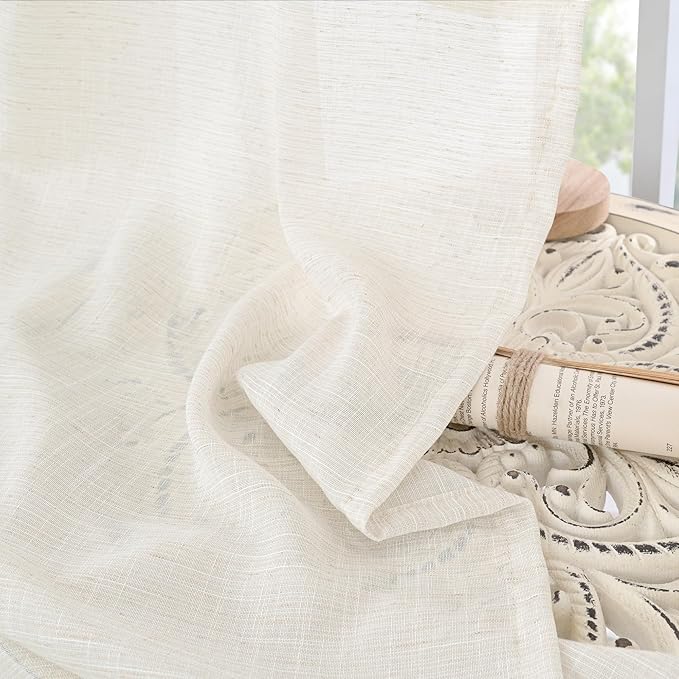 BGment Short Linen Curtains 54 Inch Length for Living Room - Rod Pocket Light Filtering Drapes Semi Sheer Textured for Bedroom Country Decorative Lightweight Natural Rustic, 2 Panels Set, 42 X 54 Inch