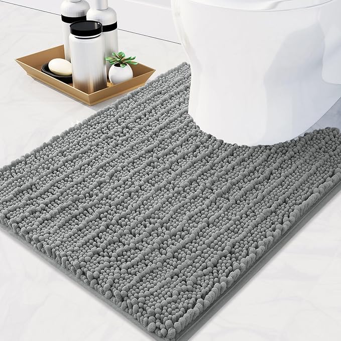 Arotive Luxury Chenille Toilet Rugs U-Shaped, Extra Soft Thick Absorbent Bathroom Mat, Non-Slip Shaggy Plush Contour Rugs, Machine Wash Dry Bath Mat for Toilet Base, 24x24, Grey