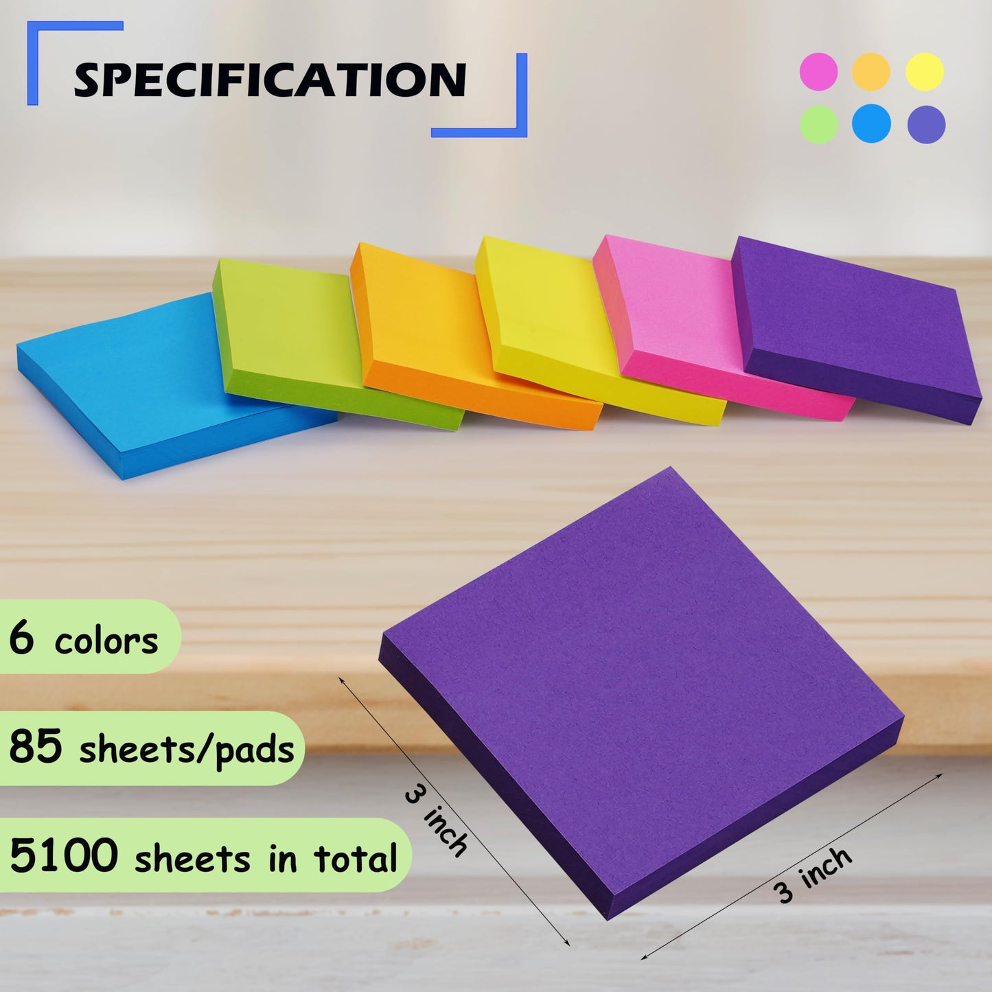 Woswel Sticky Notes Bulk 3 x 3 in, 60 Pads Adhesive Paper Memo, 85 Sheets/Pad, 6 Bright Colors, Self-Stick Notes, Easy to Post for Home, Office, School