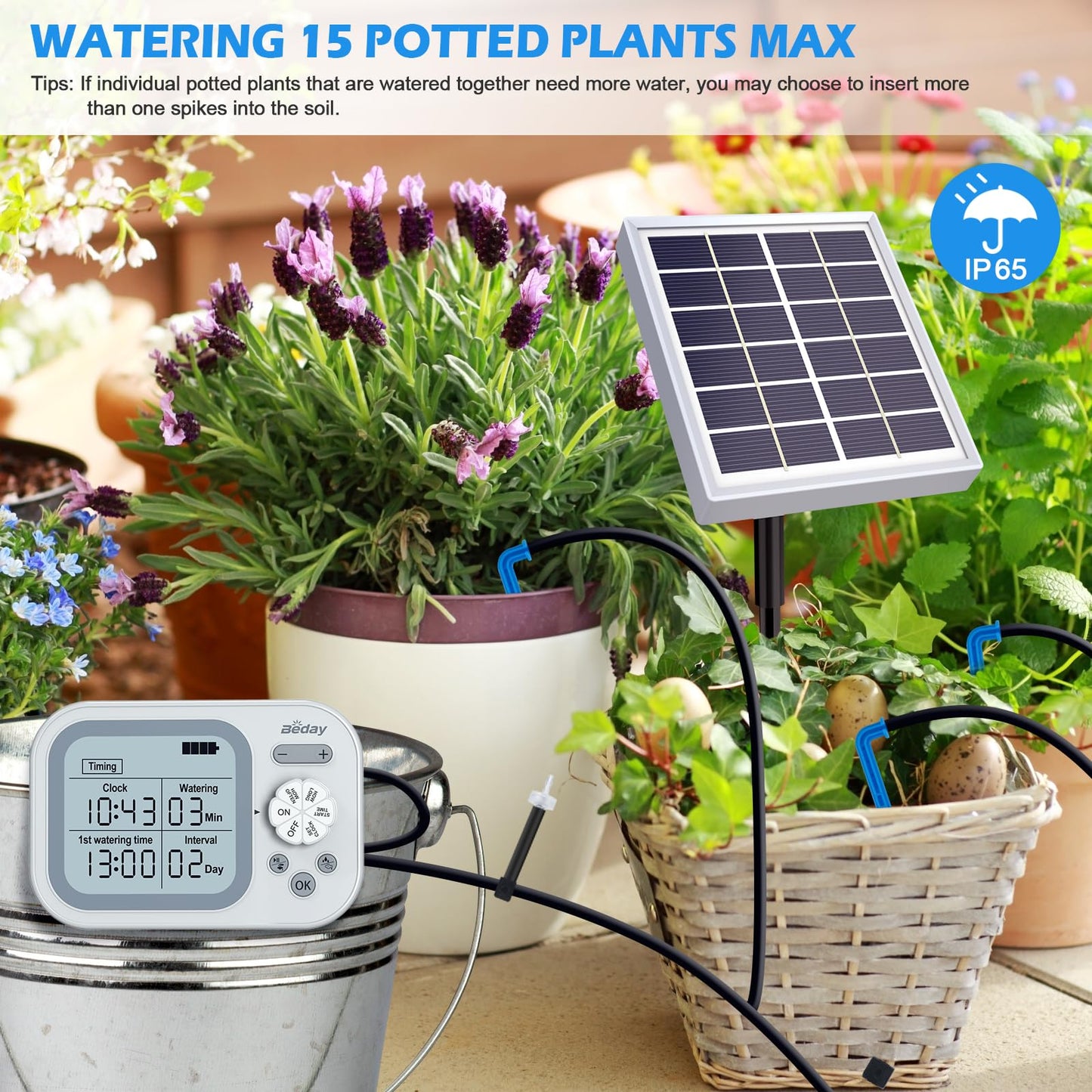 Solar Drip Irrigation System Outdoor, IP67 Waterproof Automatic Plant Watering System with Solar Panel & Timer, DIY Garden Irrigation Kit for 15 Potted Plants, Vegetable Garden & Raised Bed