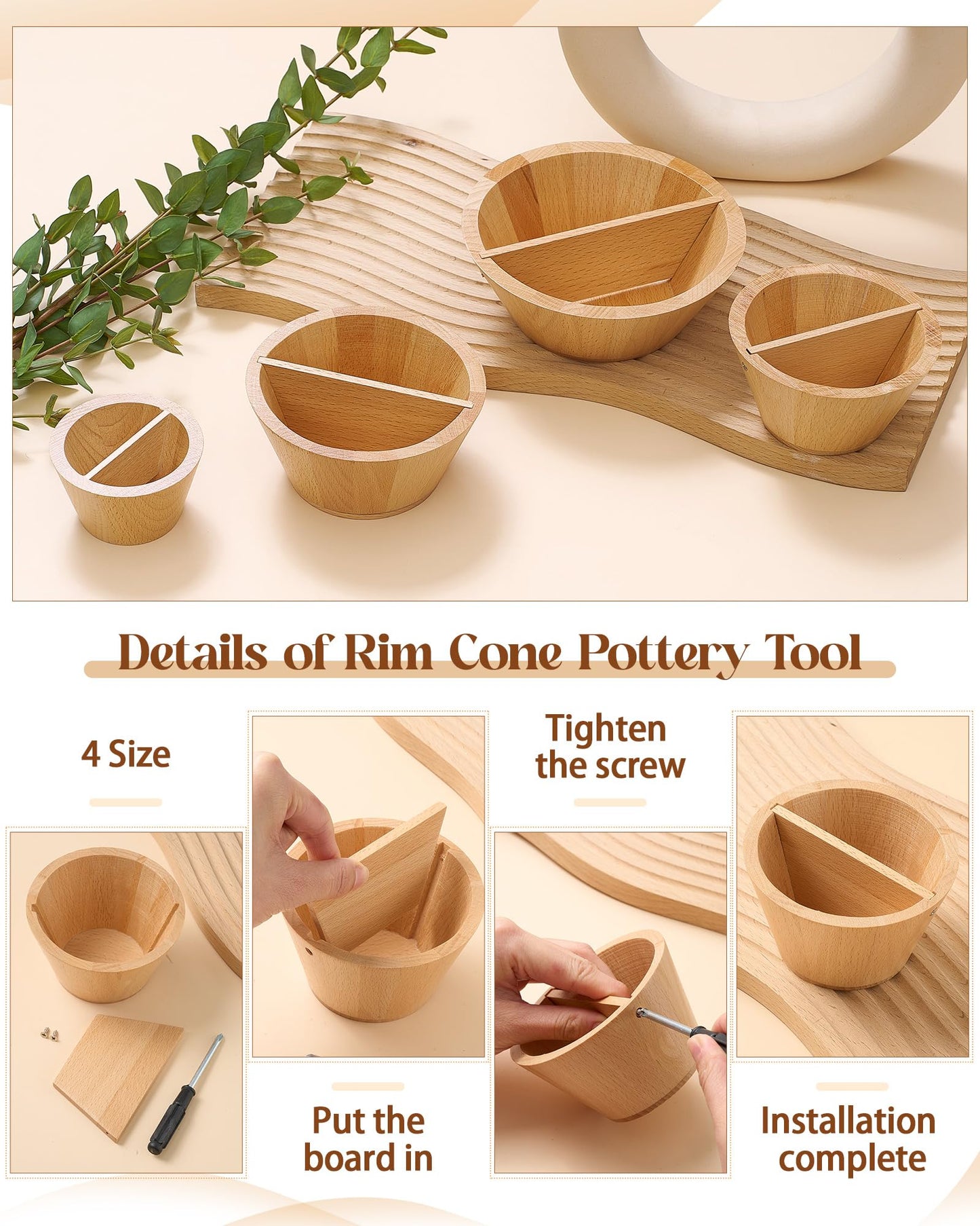 Colingmill 4 Pcs Wooden Rim Cone Shaper for Pottery Ceramic Clay Edge Fixing Smoother Rounded Tool Bowl Cup Vase Trimming Mold 4 Size Shaping Craft Supplies DIY Pottery for Artists Beginners Hobbyists