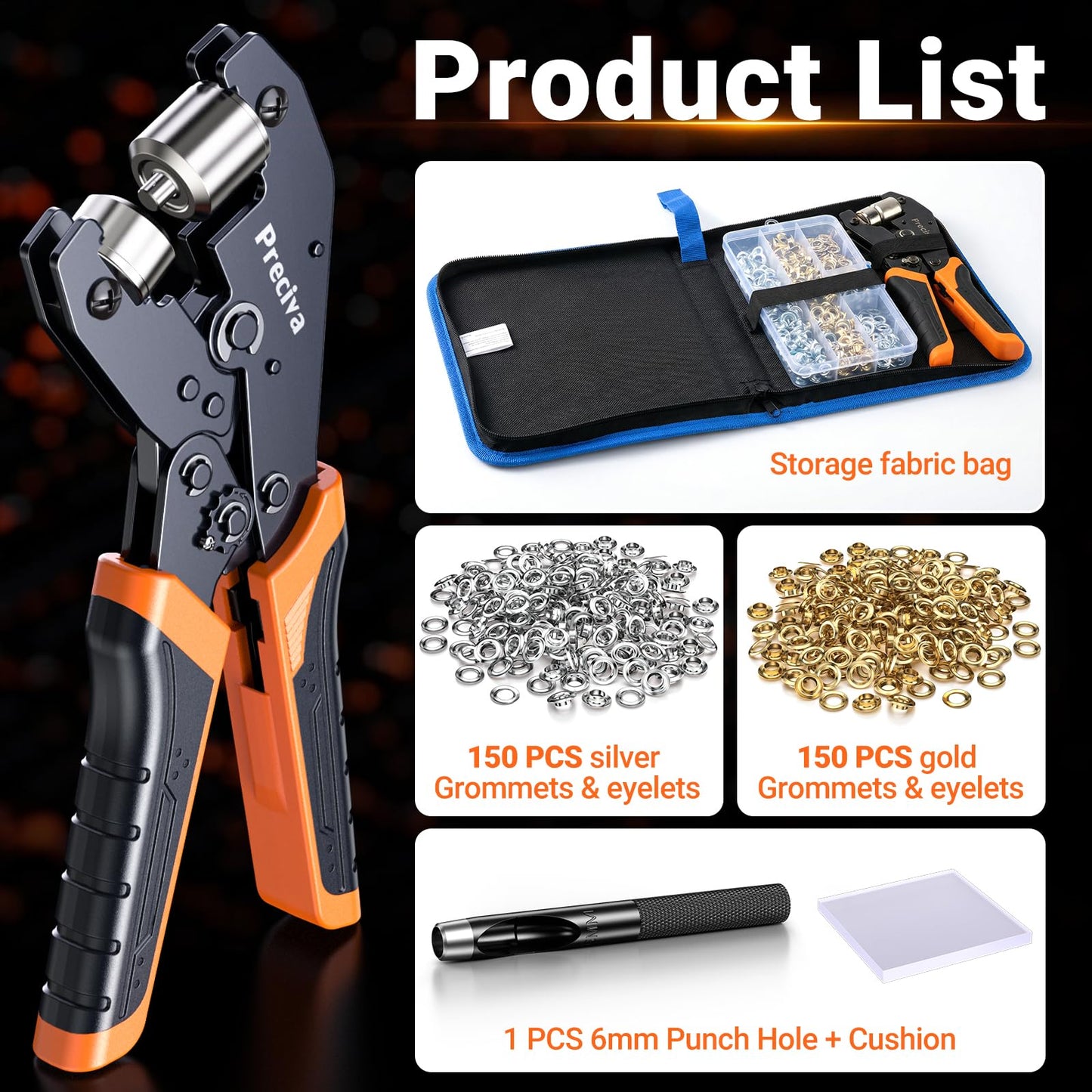 Preciva Grommet Eyelet Pliers Kit, Handheld 1/4 Inch 6mm Manual Grommet Press Machine with 300 Pcs Gold & Silver Eyelets, Storage Bag and Hole Punch for Tarp, Fabric, Banner, Canvas DIY Crafts
