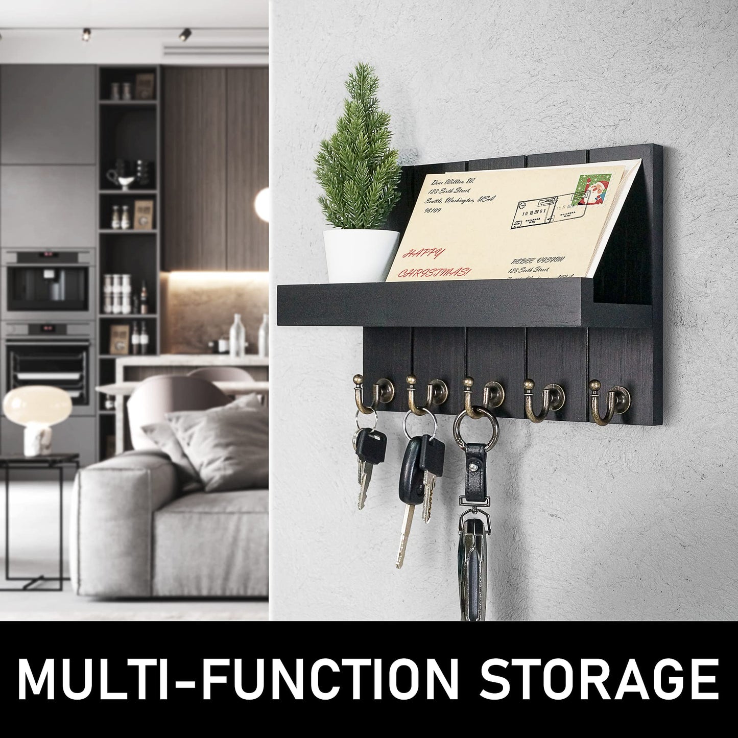 Rebee Vision Farmhouse Key Holder Wall Mount - Modern Key Holder for Living Room and Mail Organizer with Shelf & Hooks for Apartment Essentials - Home Decor Aesthetic (Black, 3.54"D x 10"W x 7.28"H)