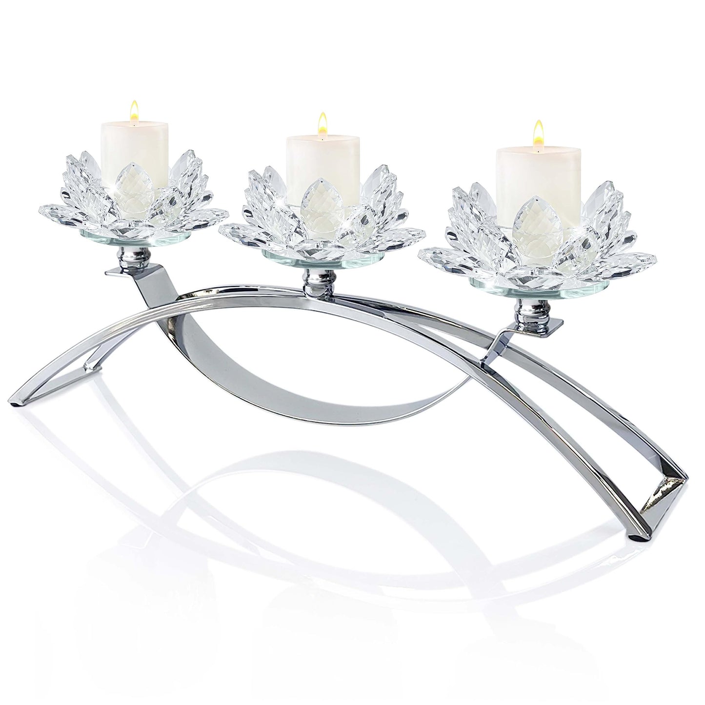 3 Arms Crystal Flower Candle Holder Bringing Tabletop tealight Holder for Party/Dining Room centerpieces (1, Silver)