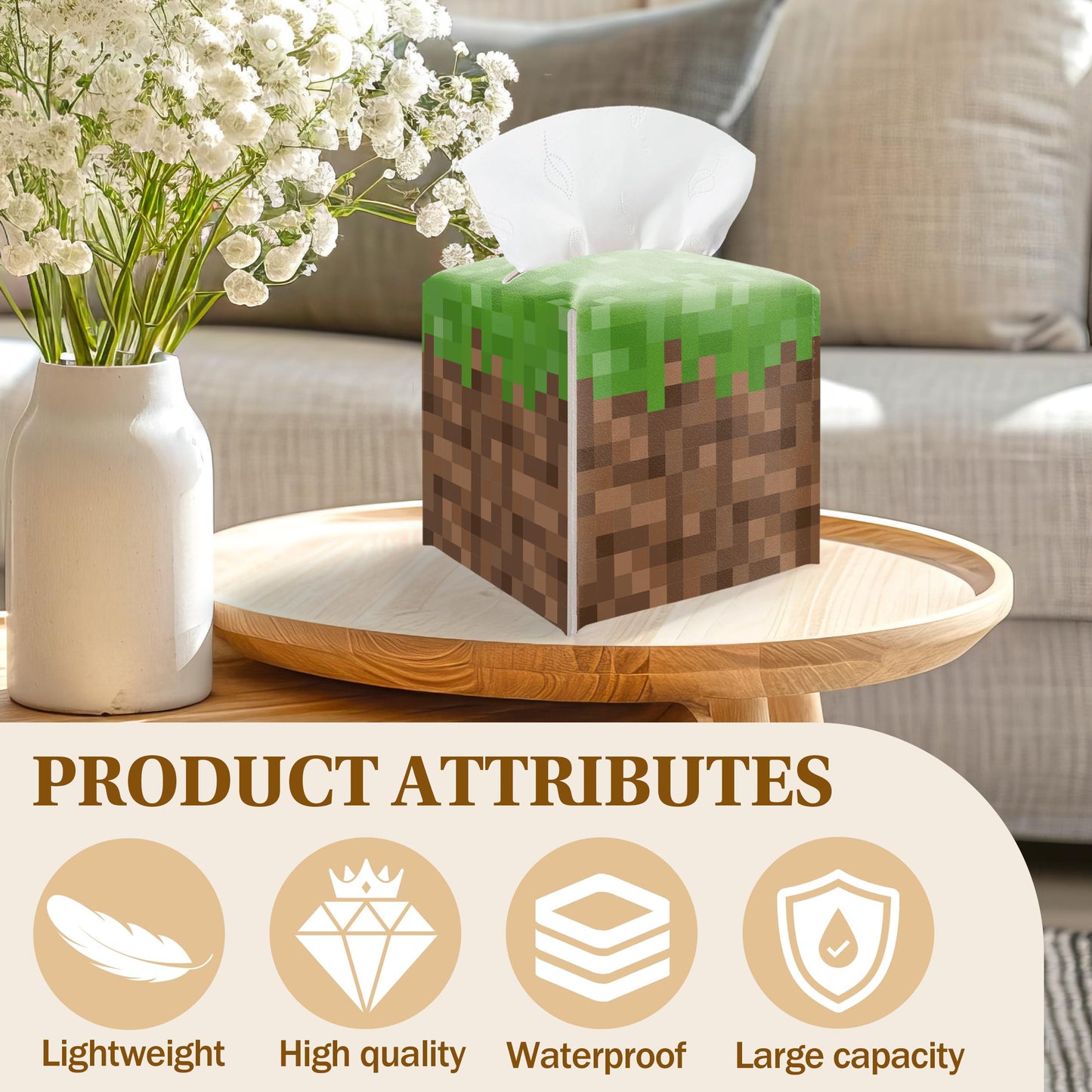 Pixel Grass Block Square Leather Tissue Box Cover – Pixel Theme Party Tissue Box Cover Holder Square, Pixelated Decor for Bathroom Nightstand Kitchen, Birthday Party Gift for Kids & Their Friends