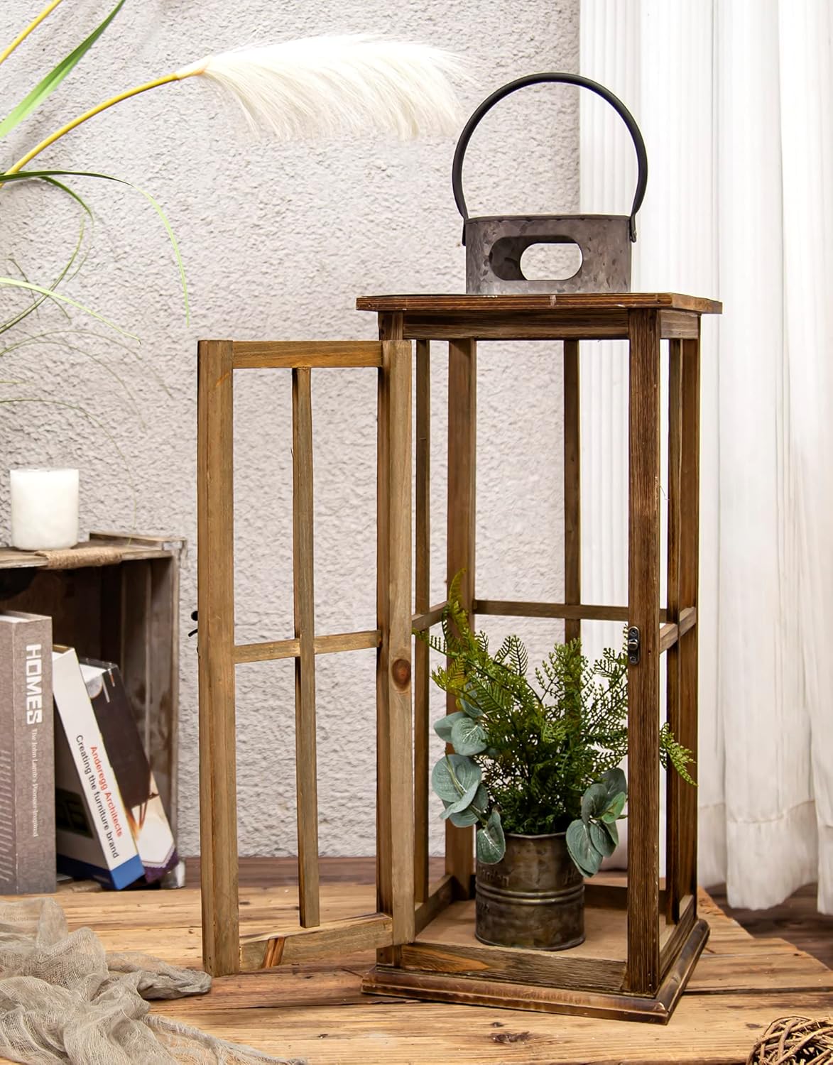 TIMRIS Large Farmhouse Wooden Metal Lantern Set of 2, Rustic Decorative Floor Candle Lanterns, Vintage Distressed Hanging Lanterns for Home Décor (No Glass)