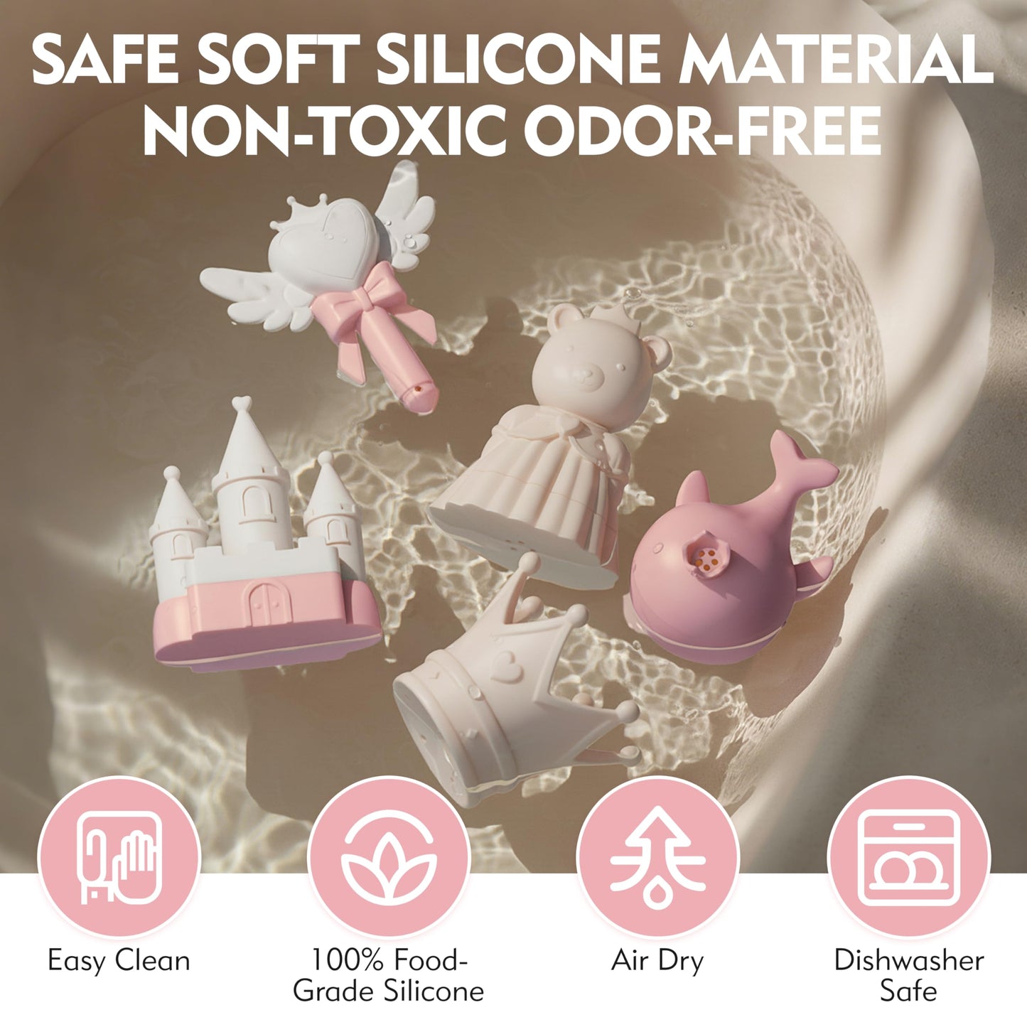 MarcZero Princess Silicone Bath Toys 8Pcs for Toddlers Kids Babies,Bathtub Water Toys,Soft Squeezable Easy-Grip Pool Toys Set (Pink)