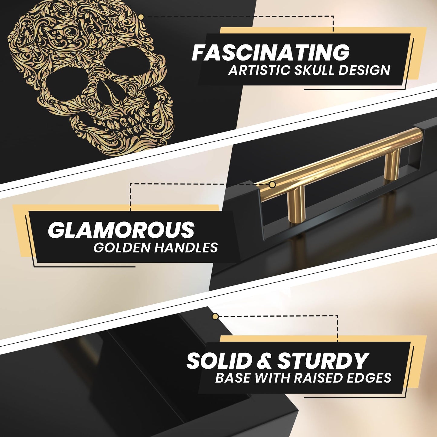 Gothic Skull Serving Tray with Gold Handles – Black Gloss Wooden Ottoman Tray for Coffee Table, Bar, or Kitchen – Elegant Gothic Decor & Unique Gift for Halloween, Horror & Alternative Style Lovers
