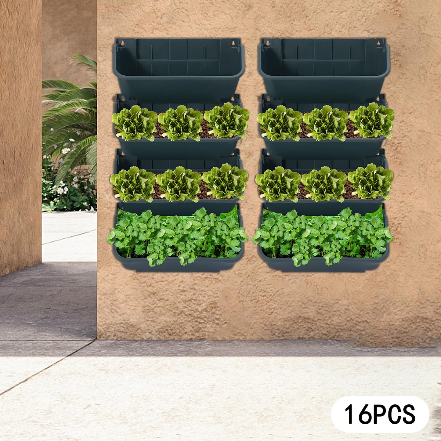 Liffshsy Vertical Wall Planter, Wall-Mounted Living Garden Planter with 16 Plastic Pots Stackable Wall Hanging Flower Pot Clasp Design for Vegetables Flowers (Army Green 16)