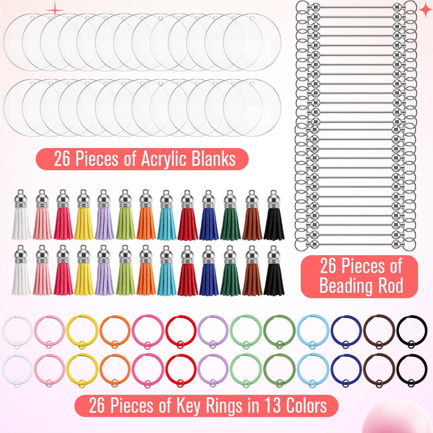 Trnayi 104 Pcs Beadable Acrylic Keychain Blanks Set, Including 26 Clear Acrylic Round Blanks 26 Keychain Ring 26 Tassels 26 Beading Rod for DIY Key Chain Crafting Project Gifts