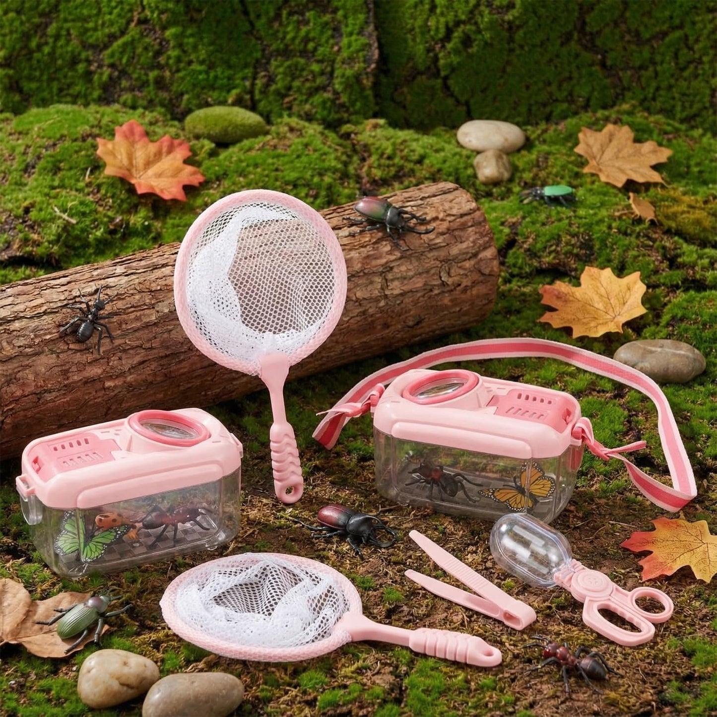 Halloscume 6 Sets Bug Catcher for Kids Students Insect Catching Kit Collector Bug Box with House, Butterfly Net, Tweezer, Cage Habitats Container Collection Explorer Gift (Pink,Green)