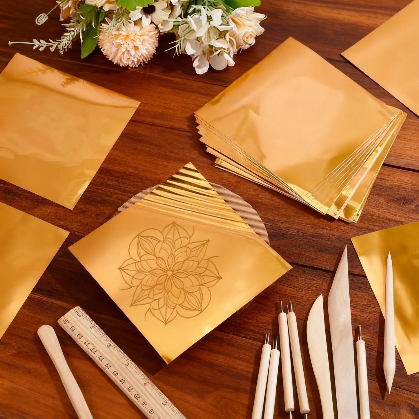 100 Sheets Embossing Foil Sheets, Gold Tin Foil Squares 6 x 6 Inch Heavy Duty Aluminum Sheets for Engraving, Embossing, Painting, Mounting and Art Crafts