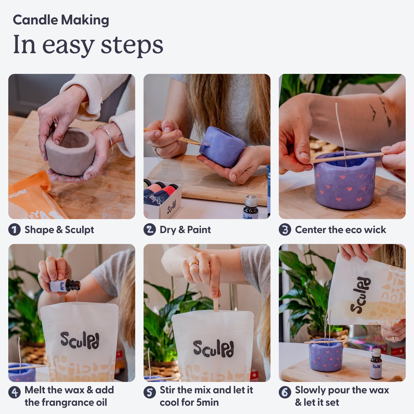 Sculpd Candle Making Pottery Kit for Adults with Air Dry Clay and Acrylic Paint Set, Non-Toxic Eco Soy Wax, Scented Fragrance Oil, Candle Glaze, Tools & Guide, 2 Candles, Peony Rose