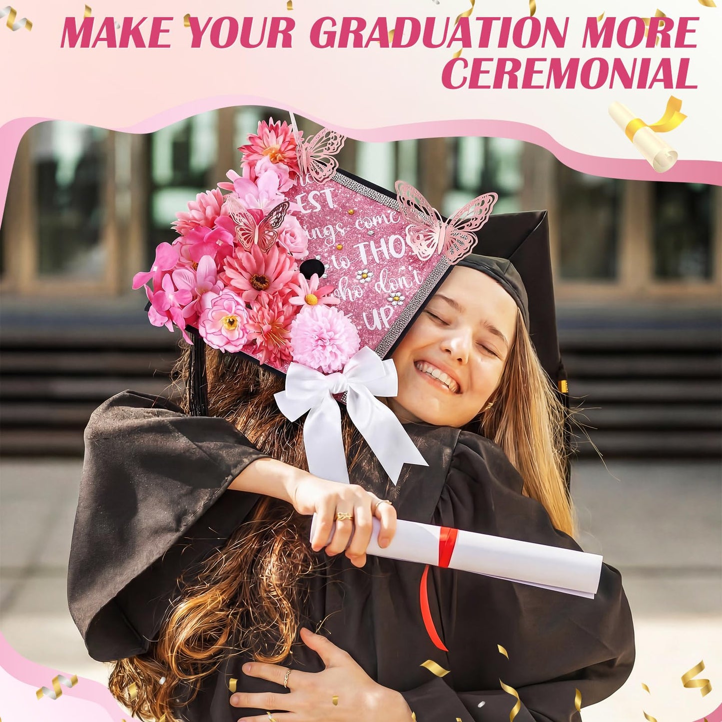 Dunzoom 40 Pcs DIY Graduation Cap Decorations Kit Artificial Flowers Inspirational Cardstock 3D Butterfly Stickers Ribbon Bow Rhinestone Stickers for Grad Cap Topper Graduation Party(Pink)