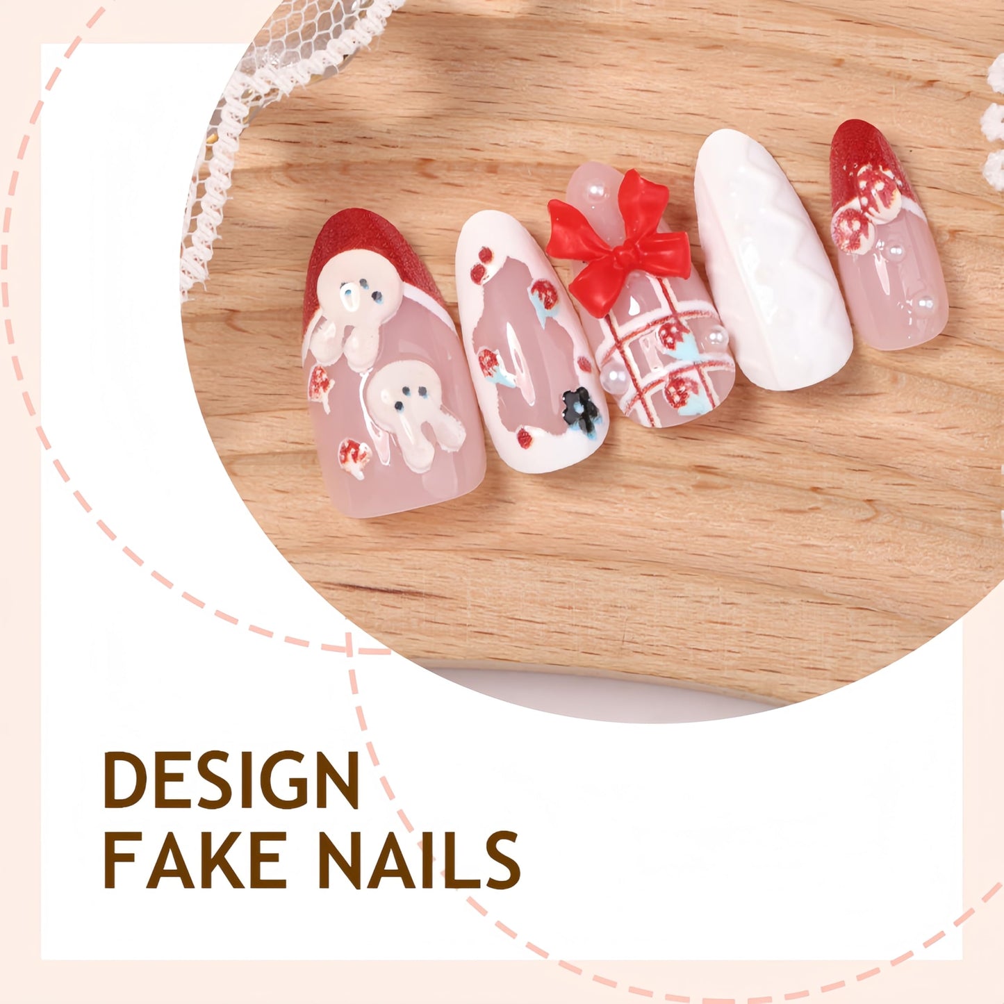 30Pcs Cute Rabbit Press on Nails Medium Almond 3D Bow Fake Nails with Strawberry Flower Design Red French Tip Pink Acrylic Nails Kit Bunny Pearl Artificial Glossy Full Cover Stick on Nails for Women