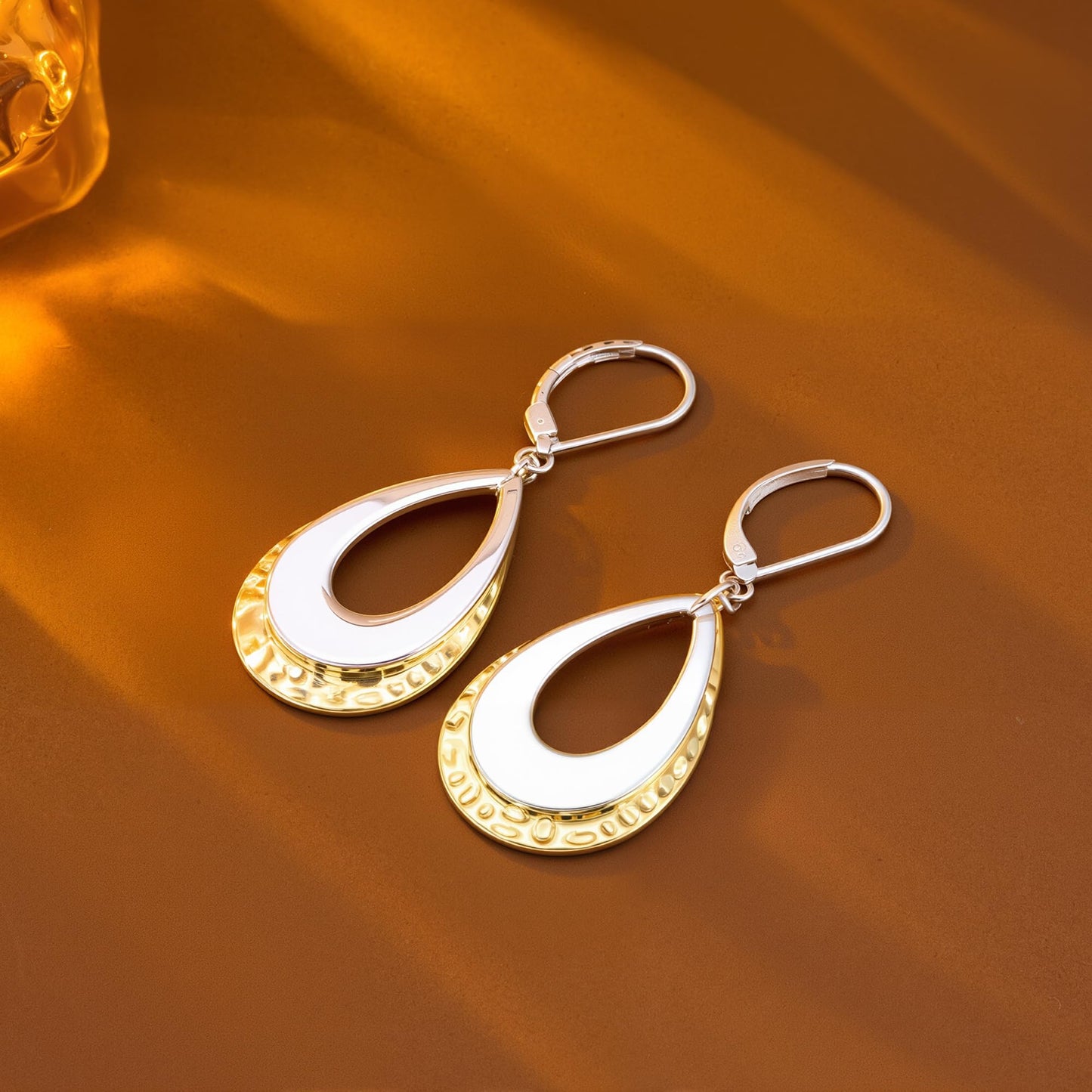 Sterling Silver Teardrop Dangle Earrings for Women Sliver Layer Leverback Hammered Dangle Earrings Jewelry Hypoallergenic Gold Plated Waterdrop Leverback Dangle Earring for Gifts