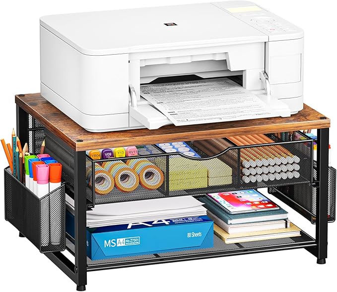 Marbrasse Wood Printer Stand for Desk, 2-Tier Desktop Printer Table for Home Office, Printer Stand with Storage Drawer 2 Pen Holders, Multi-Purpose Desk Organizer for Fax Machine Scanner(Wood Brown)