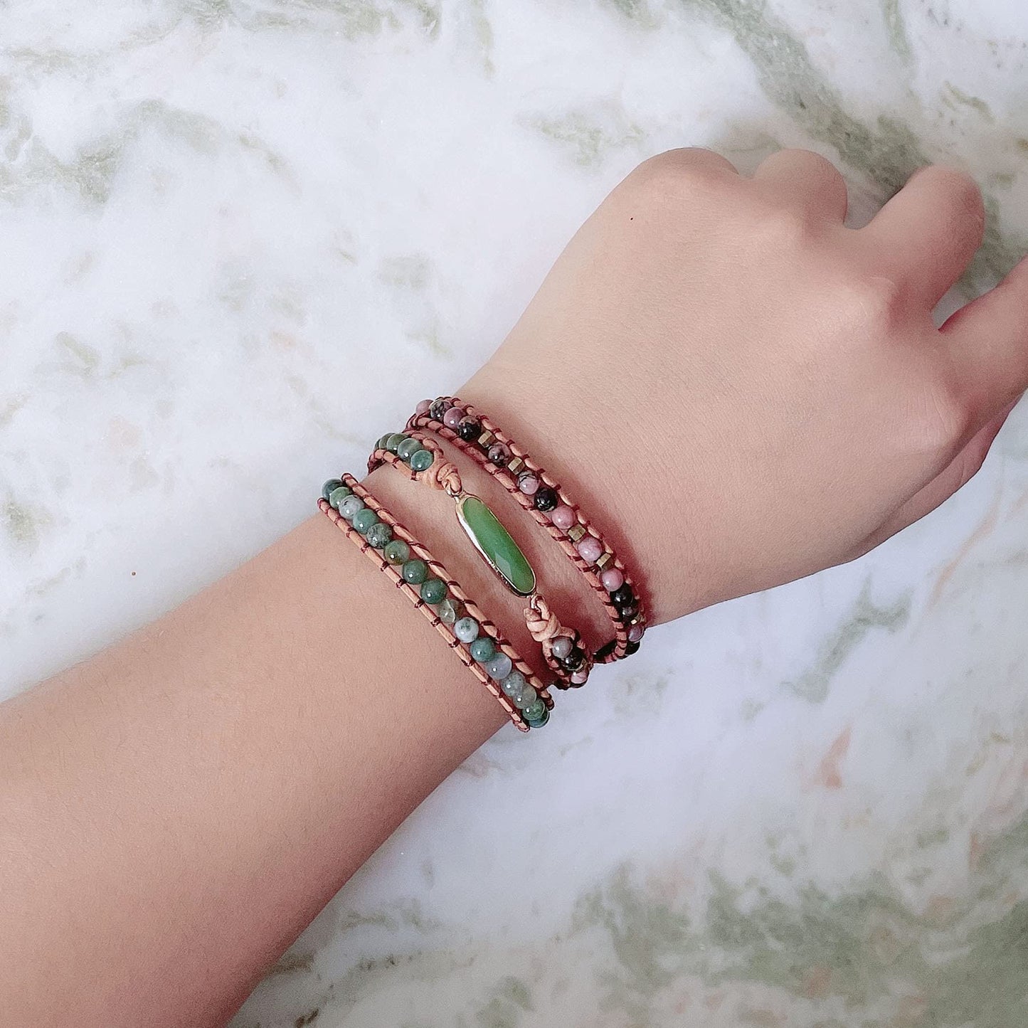 Plumiss Women Boho Handmade Green Crystal Indian Agate Rhodonite Stone Bead Strand 3 Wrap Bracelets