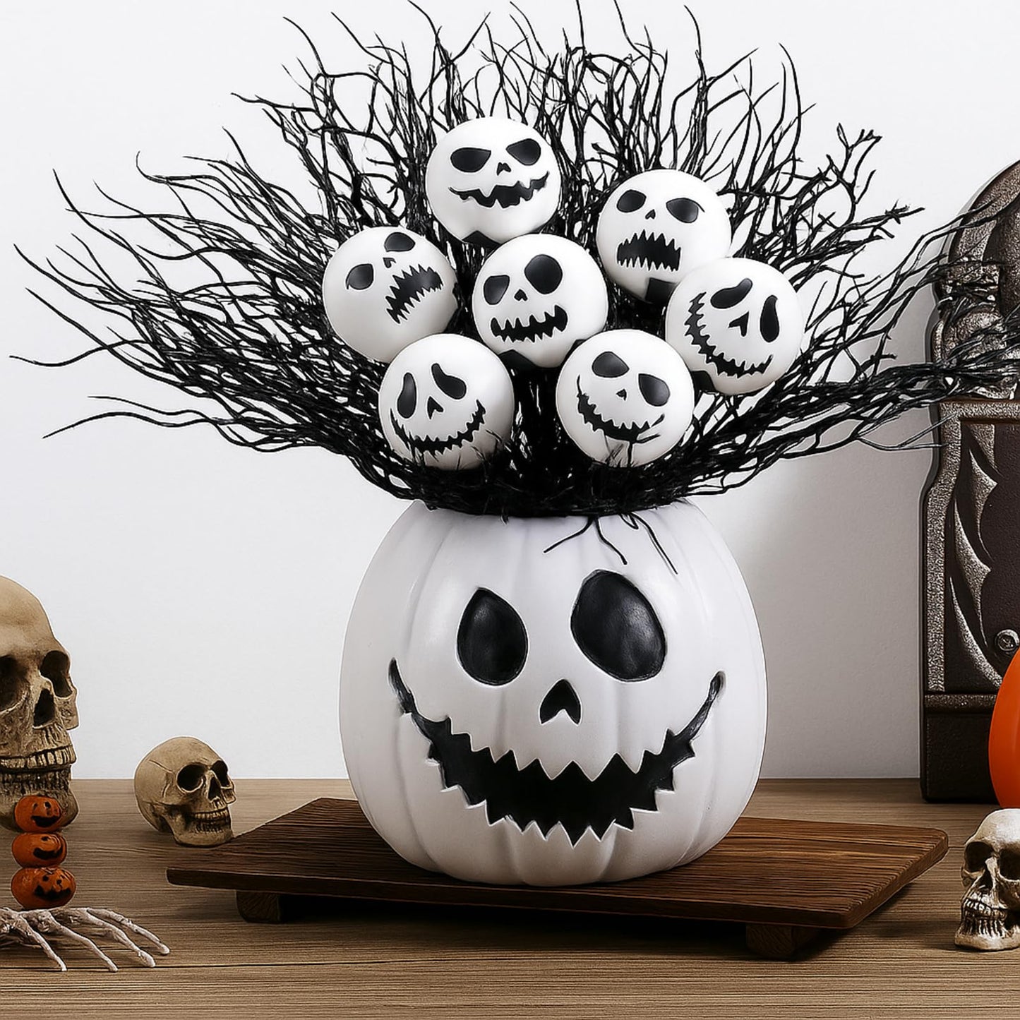 Wiwiqing Halloween Table Centerpieces Decor Resin Pumpkin Vase with Artificial Ghost Skull Face Balls Branch Flower Soil, Retro DIY Spooky Pumpkin Vase for Home Kitchen Indoor Decoration(Scary Face)