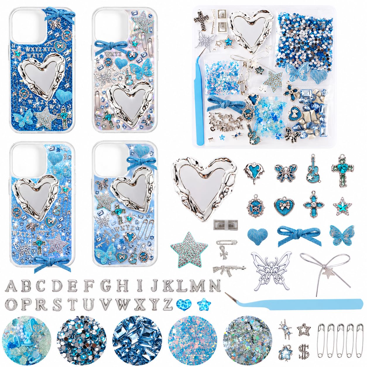 Prdingfy Blue Silver Phone Case Charms Kit, Icy Y2K DIY Decorating Accessories with Bows, Rhinestones, Mini Mirror Pieces and Resin Charms for Custom Cases