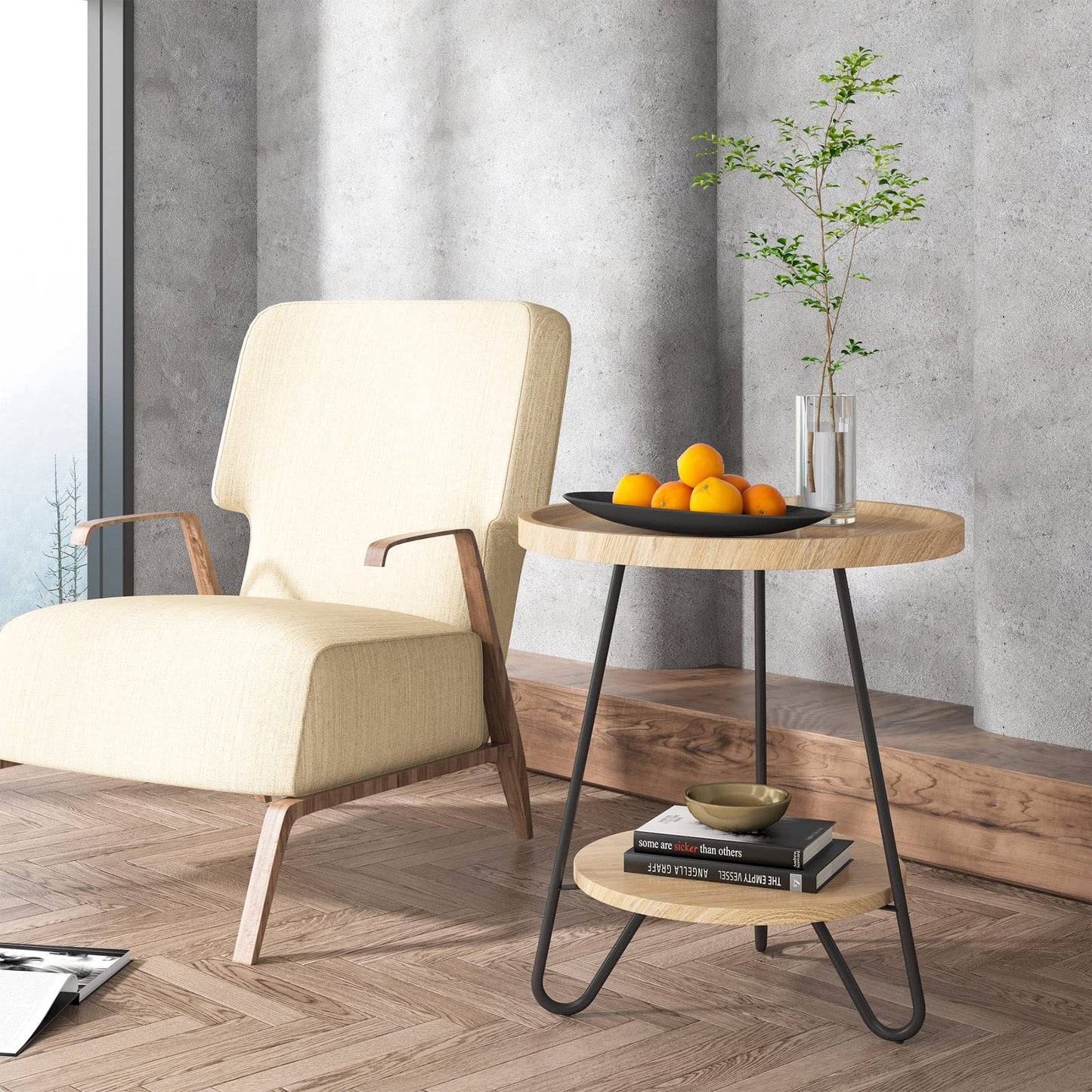 Tribesigns Round Side Table, 2-Tier End Table with Metal Legs, Modern Industrial Beside Table, Small Accent Table Snack Table for Living Room, Bedroom, Small Space, Easy Assembly, Wood Color