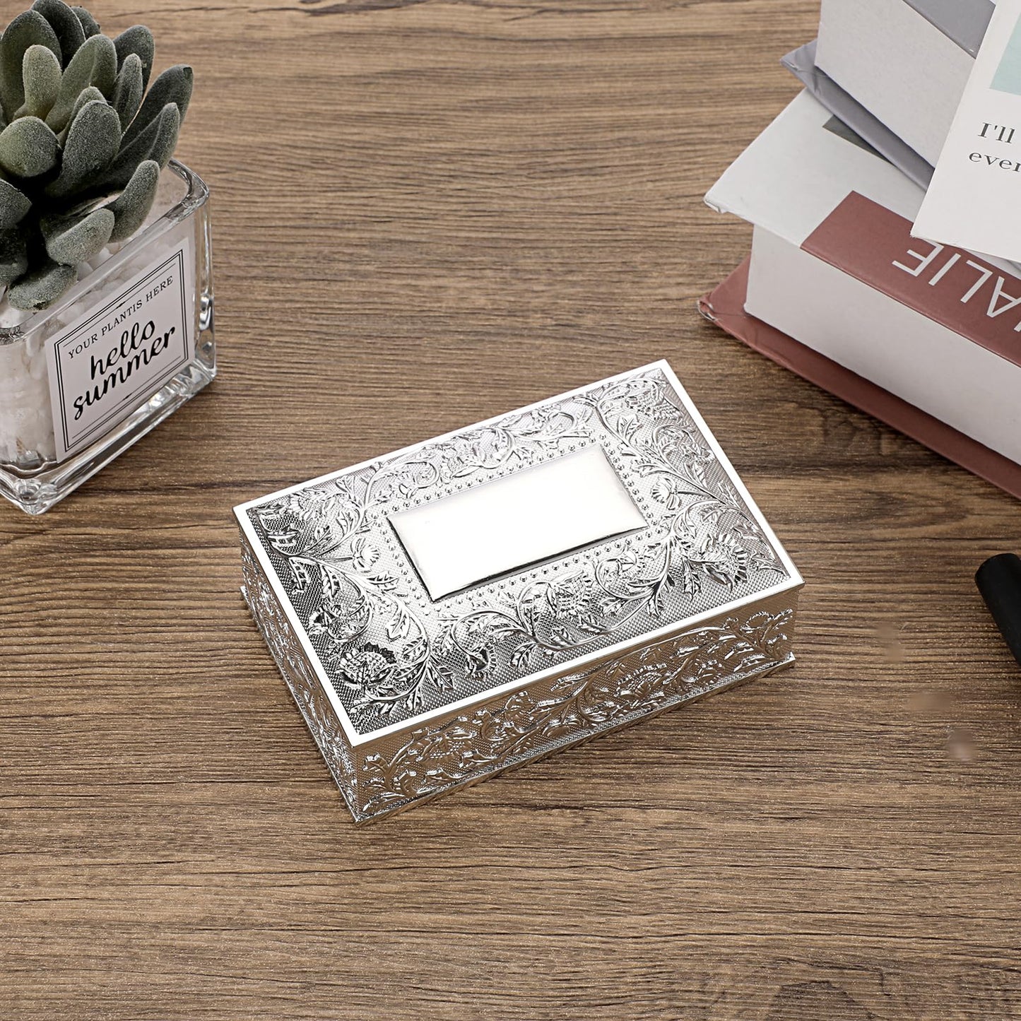 Hipiwe Rectangular Silver Jewelry Box Small Trinket Storage Box Deluxe Treasure Chest Case Earring Ring Necklace Organizer Decorative Keepsake Box Christmas Gift for Women