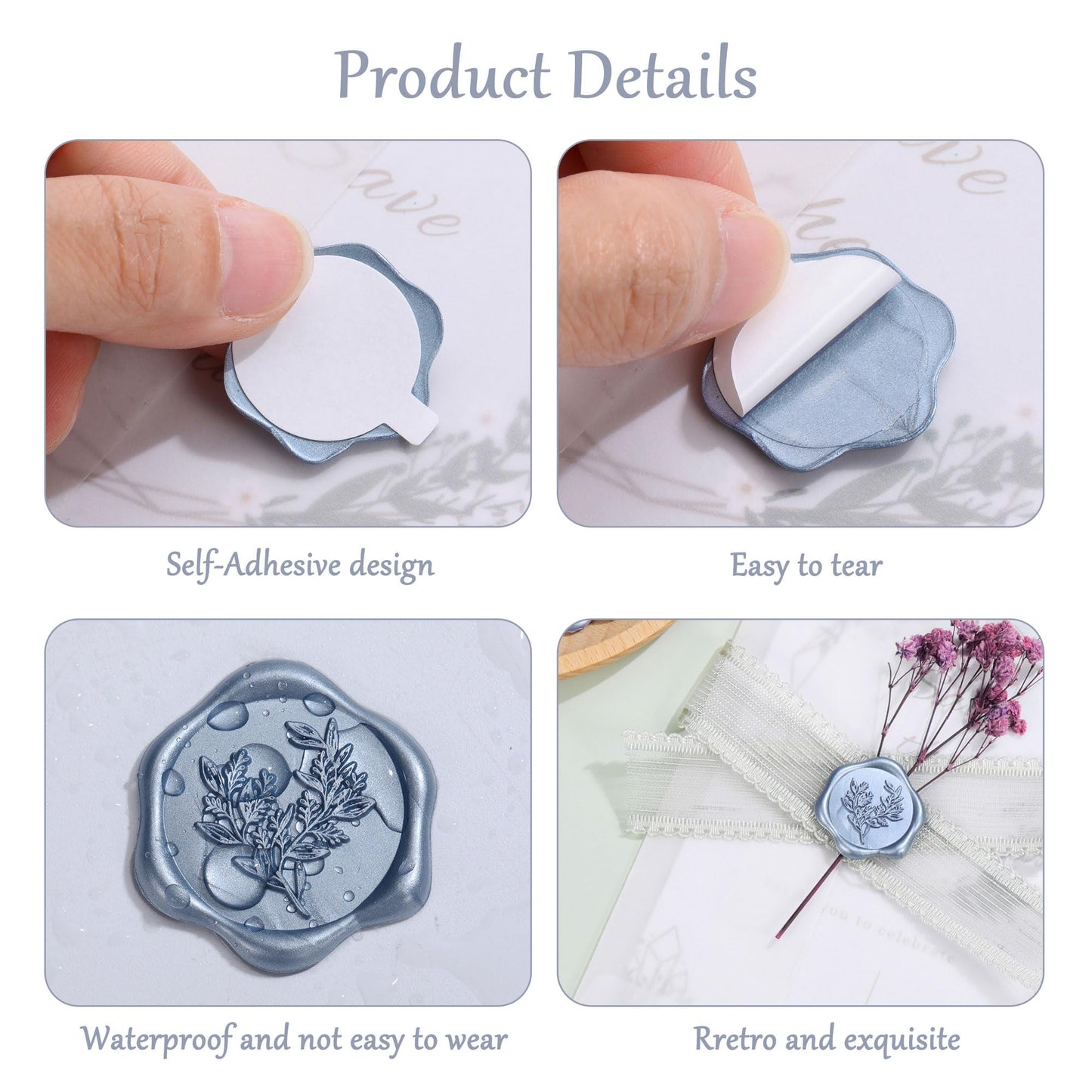 Yoption Eucalyptus Wax Seal Stickers, 50 Pack Metallic Blue Wax Seal Stickers Self Adhesive Envelope Seals for Wedding Party Birthday Christmas Invitations