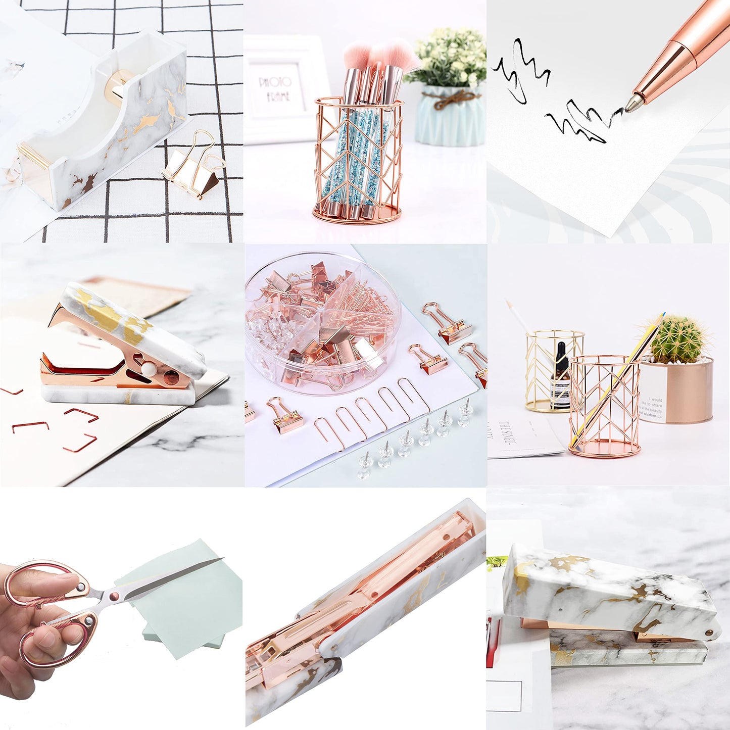 Rose Gold Marble Desk Accessories, Office Supplies Set Stapler Staple Remover, Tape Holder, Pen 2 Ballpoint Pen, Scissor, Binder Clips, Paper Clips and 1000pcs Staples