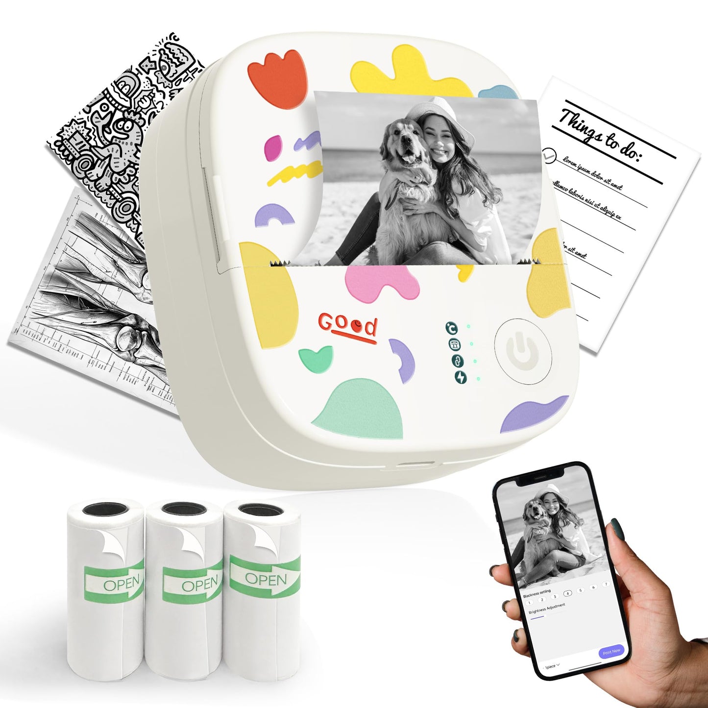 XenGro Mini Sticker Printer AHM2, Mini Thermal Printer with 3 Rolls Paper, Portable Bluetooth Inkless Printpods, Pocket Label Maker Suitable for Creative Kids DIY, Diaries, Photos, Study Notes -White