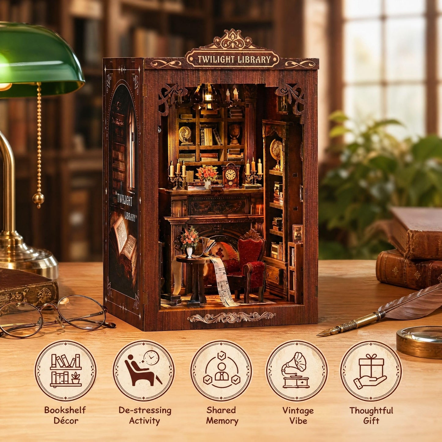 Soothee DIY Book Nook Kit with LED Lights | 3D Puzzles for Adults & Teens, Miniatures and Model Building Kits for Bookshelf Decor, Relaxing & Unique Gift for Craft Lovers | Twilight Library