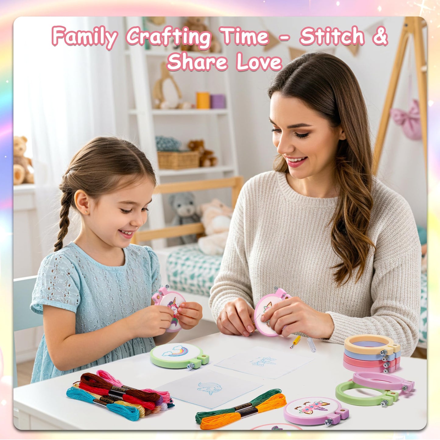 Pllieay 6PCS Embroidery Kit for Kids, Needlepoint Kits for Beginners with Pre-Printed Pattern, 6Pcs Hoop, Threads, Keychains and Instructions, Kids Cross Stitch Kits Supplies for Crafting