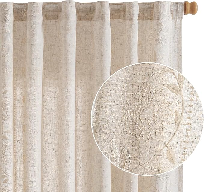 jinchan Winslow Linen Curtains 96 Inches Long for Bedroom Linen Blended Embroidered Floral Curtains for Living Room Farmhouse Decor Light Filtering Window Treatments Ivory on Beige Drapes 2 Panels