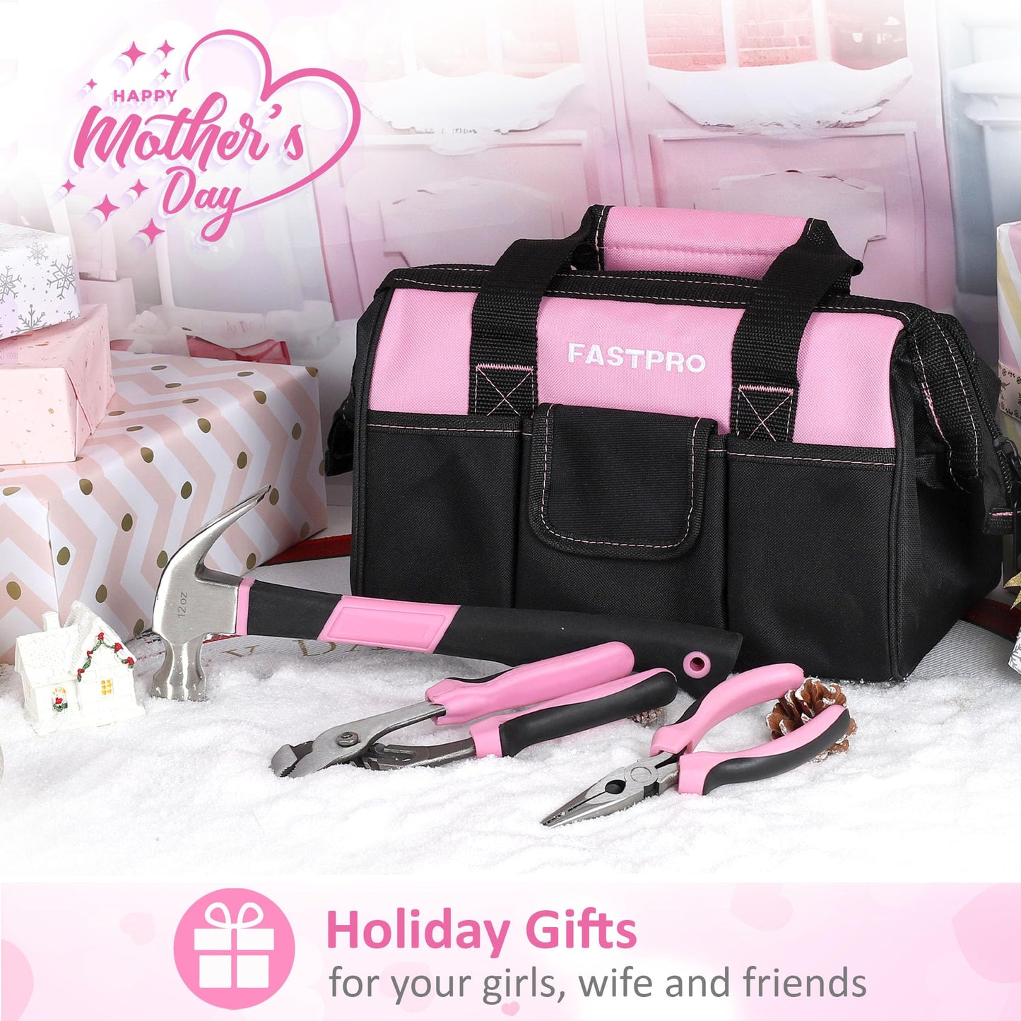 FASTPRO Pink Tool Set, 220-Piece Lady's Home Repairing Tool Kit with 12-Inch Wide Mouth Open Storage Tool Bag