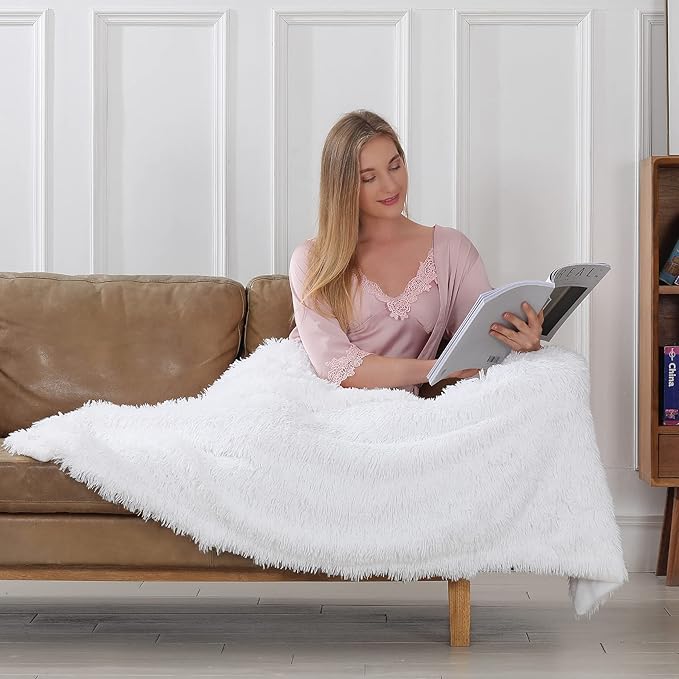 Tuddrom Decorative Extra Soft Faux Fur Blanket Twin Size 70" x 78",Solid Reversible Fuzzy Long Hair Shaggy Blanket,Fluffy Plush Fleece Comfy Microfiber Throw Blanket for Couch Sofa Bed,Pure White