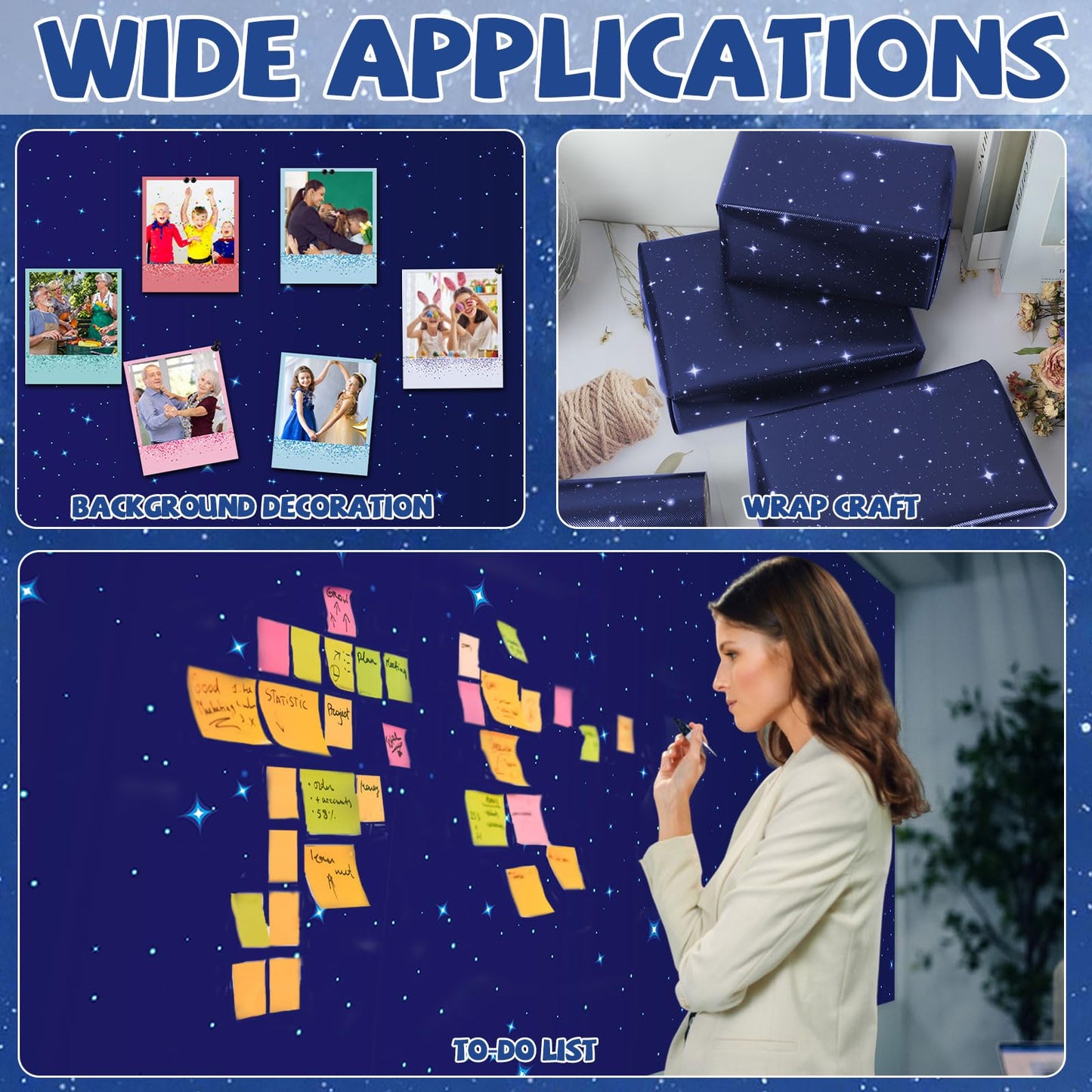 Blue Outer Space Bulletin Board Roll Reusable Waterproof Night Sky Non-Woven Fabric Bulletin Board Wrinkle Resistant Star Galaxy Poster Background for Classroom Decor Wrapping Paper Craft 15.5" x12ft